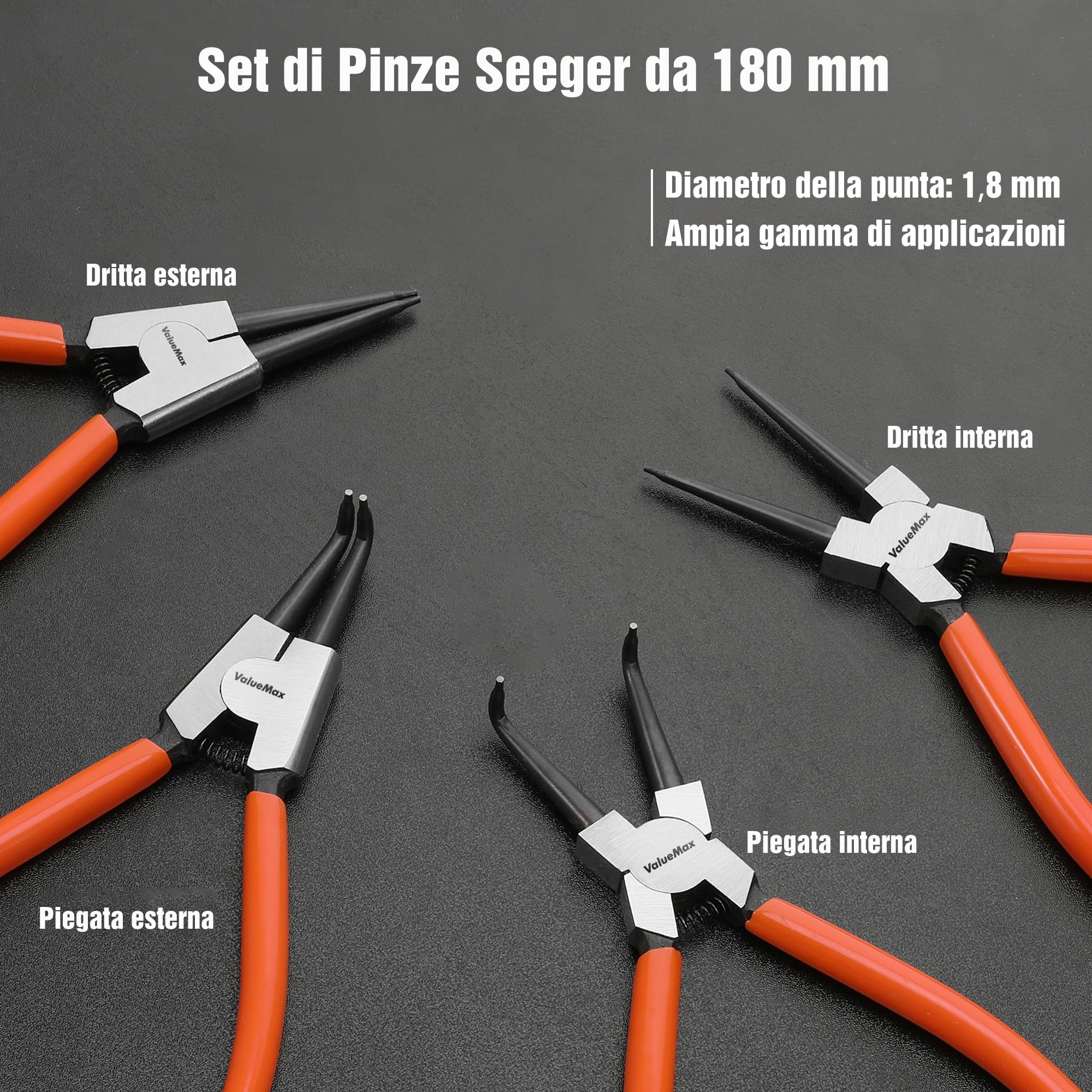 ValueMax Set di 4 Pinze per Anelli di Sicurezza 165mm e 180mm, Pinza per Seeger con Borsa Portatile, Punte Dritte e Curve per Bloccaggio Interno ed Esterno