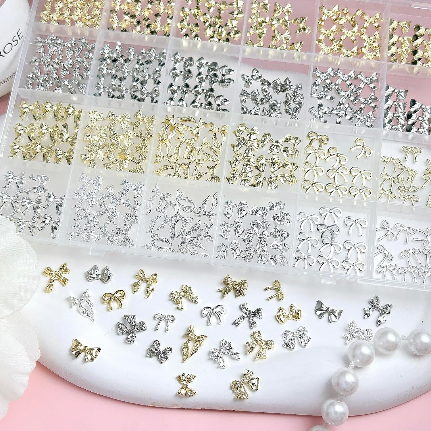 240Pcs Gold Silver Bow Nail Charms 3D Metal Alloy Bowknot image 5