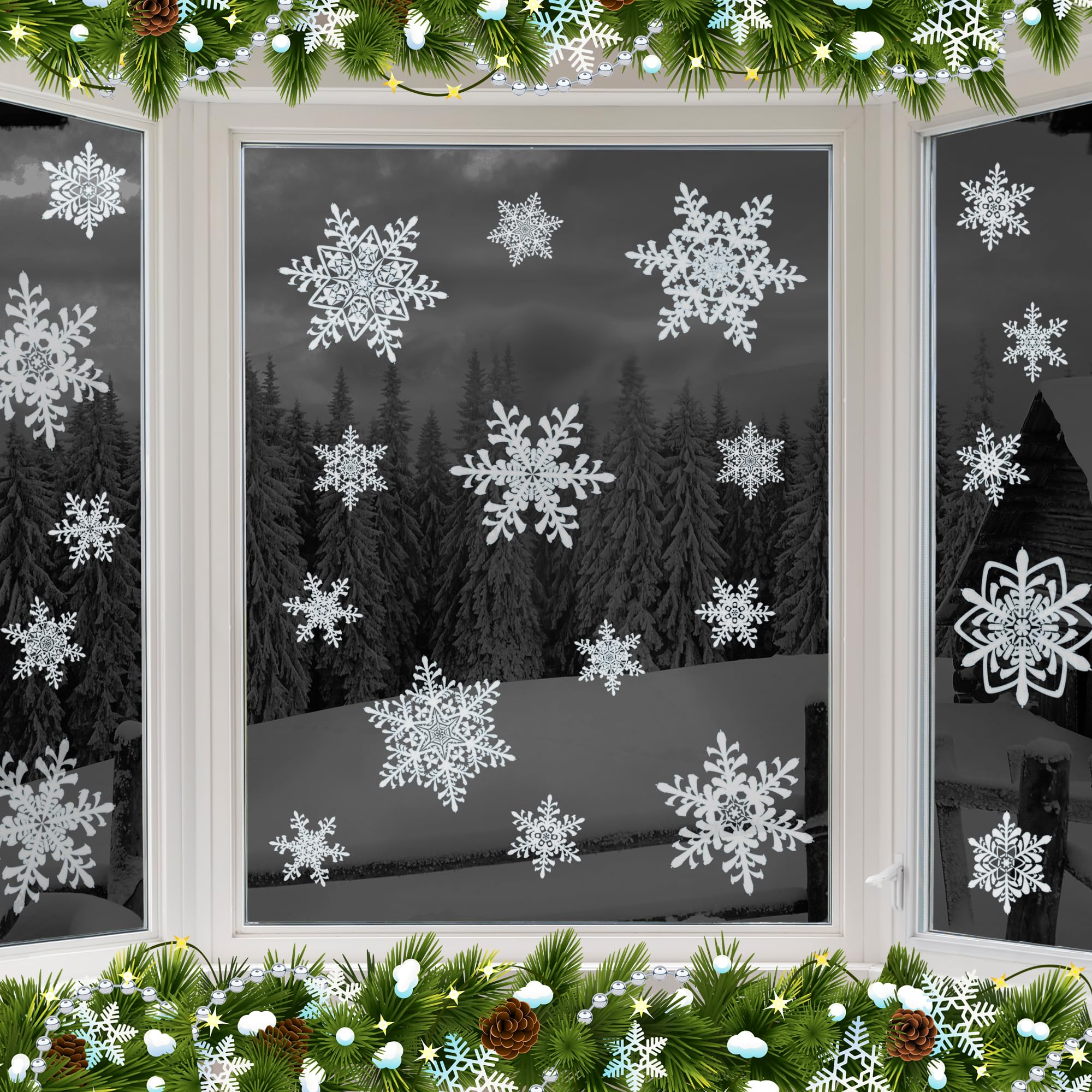 24 Large Snowflake Window Clings - Quick and Simple Christmas Decoration Stickers - Glueless PVC Window Stickers for Glass Reusable Indoor Xmas Stickers