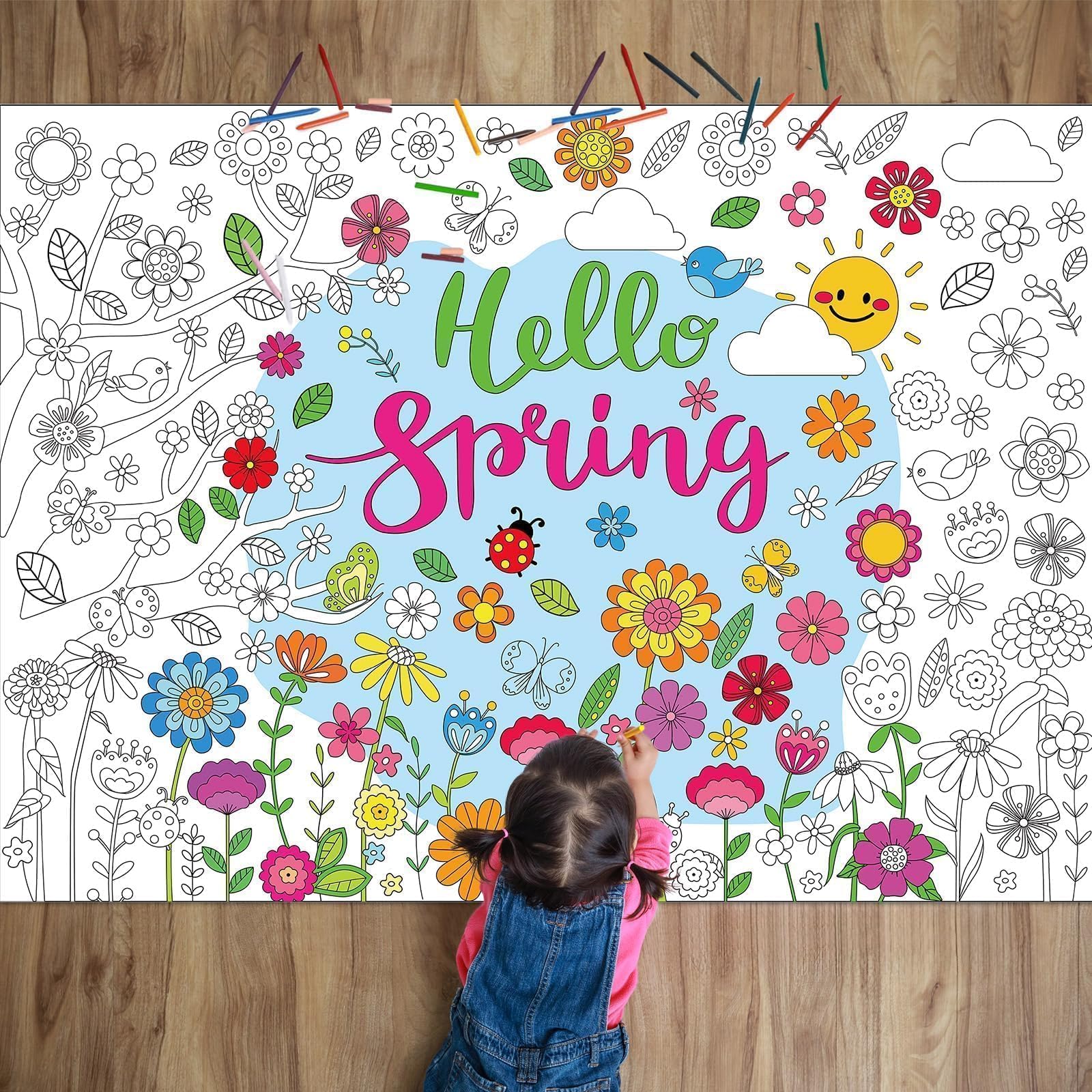 Hello Spring Coloring Poster for Kids Giant Coloring Poster Large Spring DIY Flowers Coloring Tablecloth Jumbo Coloring Books for Classroom Home Birthday Party Supplies Favor