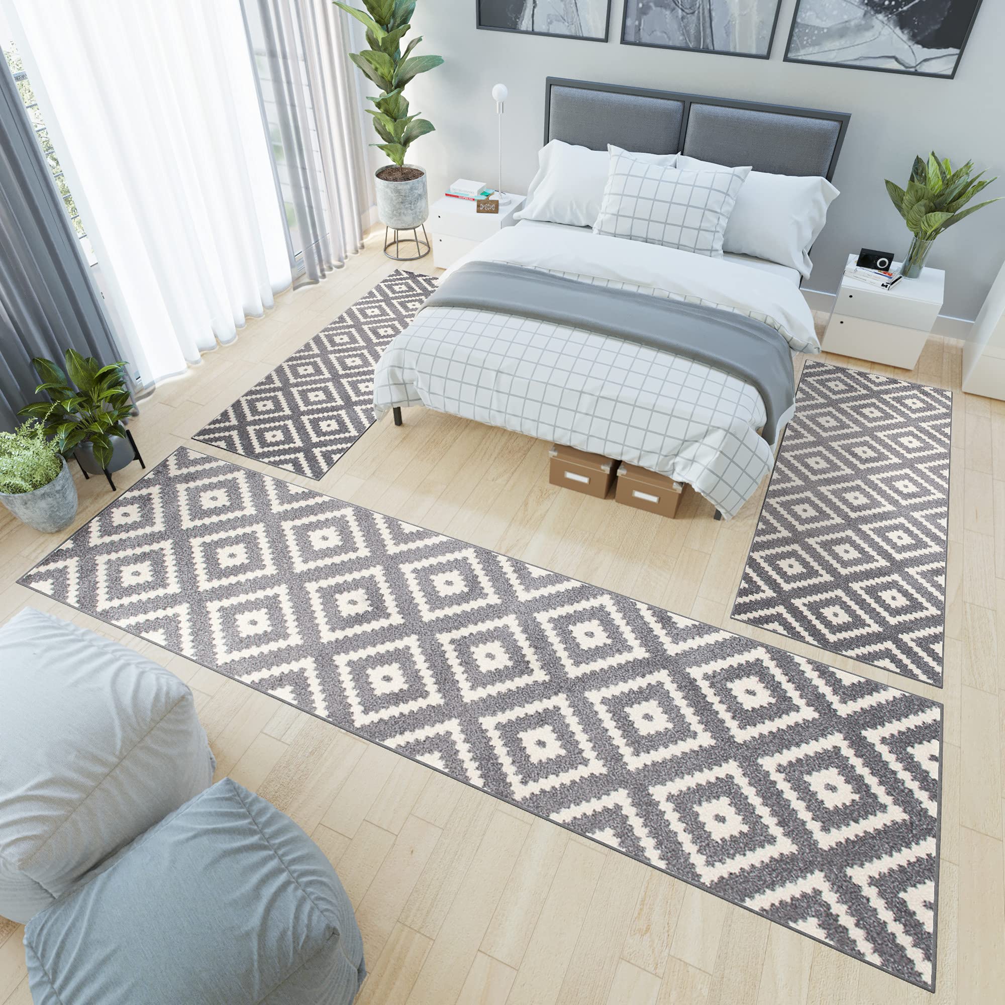 TAPISO Maroko 1 szt. dywan, bieżnik, towar sprzedawany na metry, krótkie runo, do przedpokoju, kuchni, kolor szary, kremowy, marokański, geometryczny wzór karo, nowoczesne wzornictwo, Ökotex 100 x 150 cm