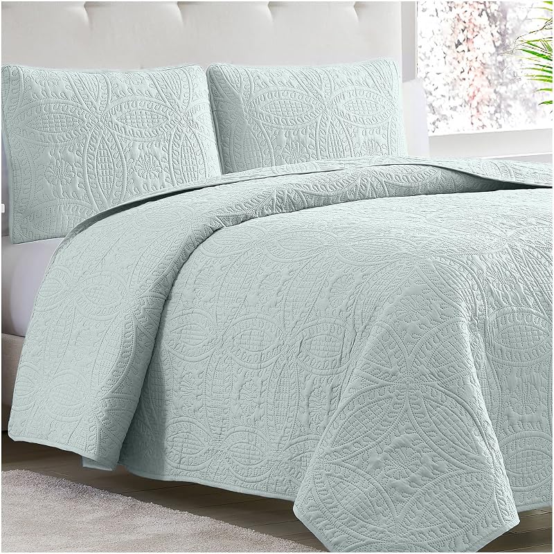 Twin Bedspread Coverlet Set - Bedding Cover with Sham | Ultrasonic Quilting Technology - 2 Piece Oversized Quilt Set - Bedspreads & Coverlets (Twin, Spa Mint)