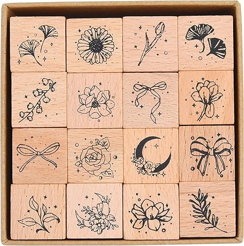 juego de 16sellos de madera y goma, sellos botánicos decorativos con lazos, flores y hojas, para manualidades, diarios, álbumes, agendas, cartas y disponible en Yaxa Guatemala