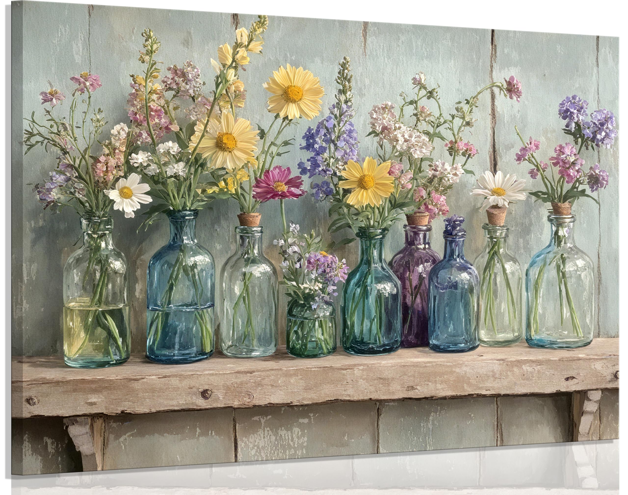 Photo 1 of 1Pcs Framed Rustic Farmhouse Floral Canvas Wall Art Enchanting Wildflowers Poster Print Vintage colored glass bottle picture printing Wooden Background Wall Decor for Bathroom Living Room decoration