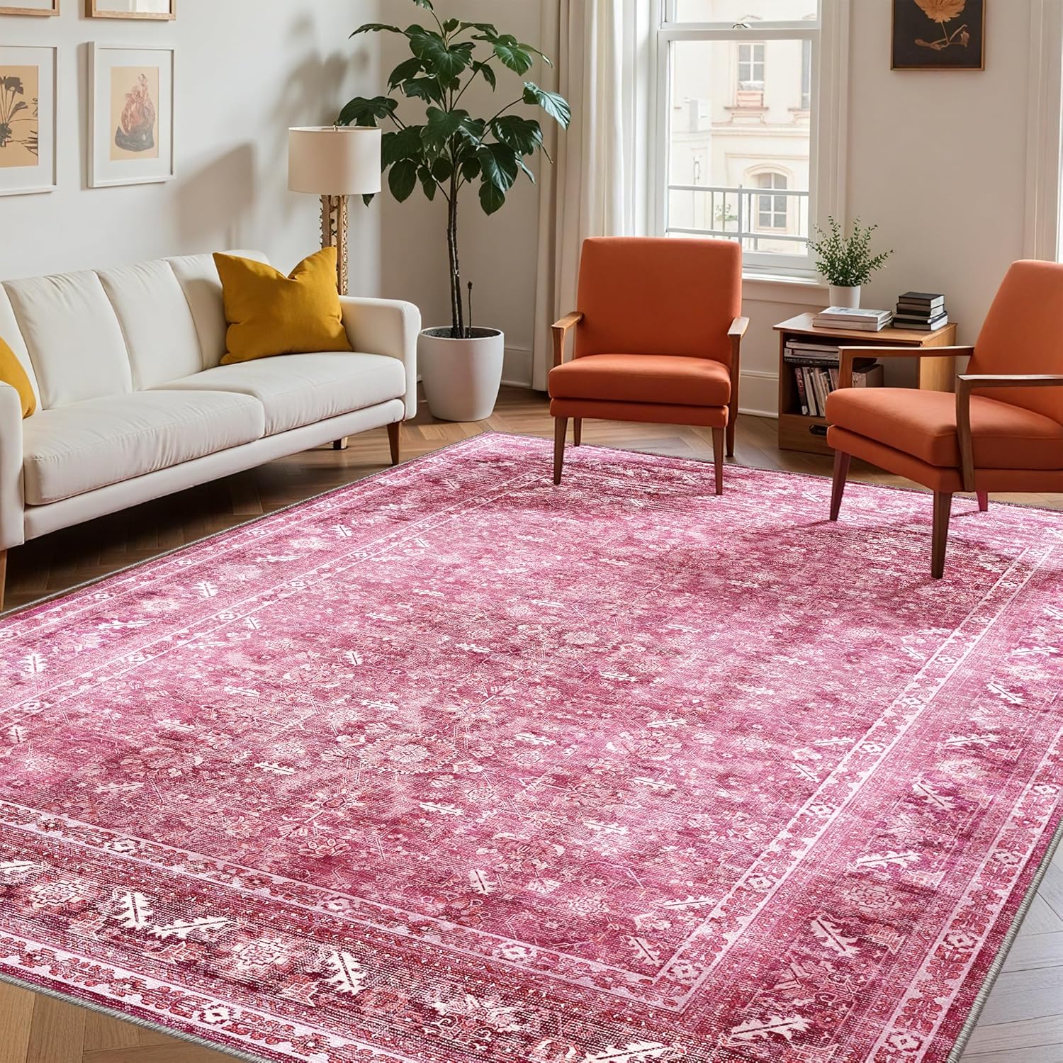 OPPODREAM Vintage Hot Pink Area Rugs 10x14, 10 x 14 Retro Washable Rug Non Slip, Low-Pile Faux Wool Carpet, Soft Distressed Floor Mat for Living Room, Bedroom, Office, Dorm, Dinning Room, Big & Large