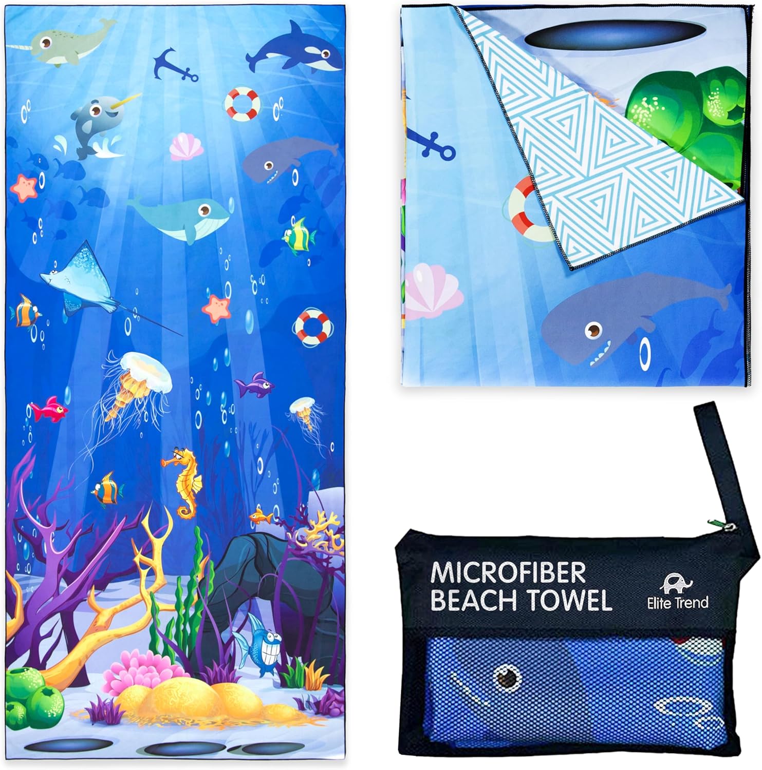 Elite Trend Microfiber Beach Towel for Adults with Bag - Extra Large 78x35 inch Lightweight Sand Free Quick Dry Towel for Travel, Swimming, Yoga, Camping (Sea Animal)