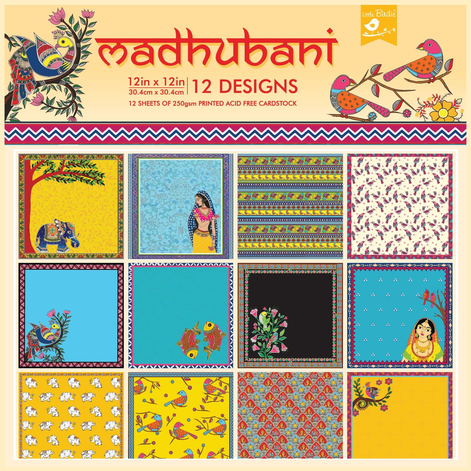 Little Birdie Paper Pack - 12 X 12inch 250gsm 12Sheet (Madhubani) | Printed Pattern Design Paper for Scrapbooking, Journal, Art & Craft | Decorative Paper for Greeting Card Making