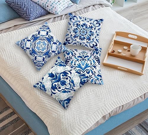 Miniatura 4 de Huester Chinoiserie - Fundas de almohada de 18 x 18 pulgadas, almohadas decorativas, porcelana azul y blanca, decoración del hogar