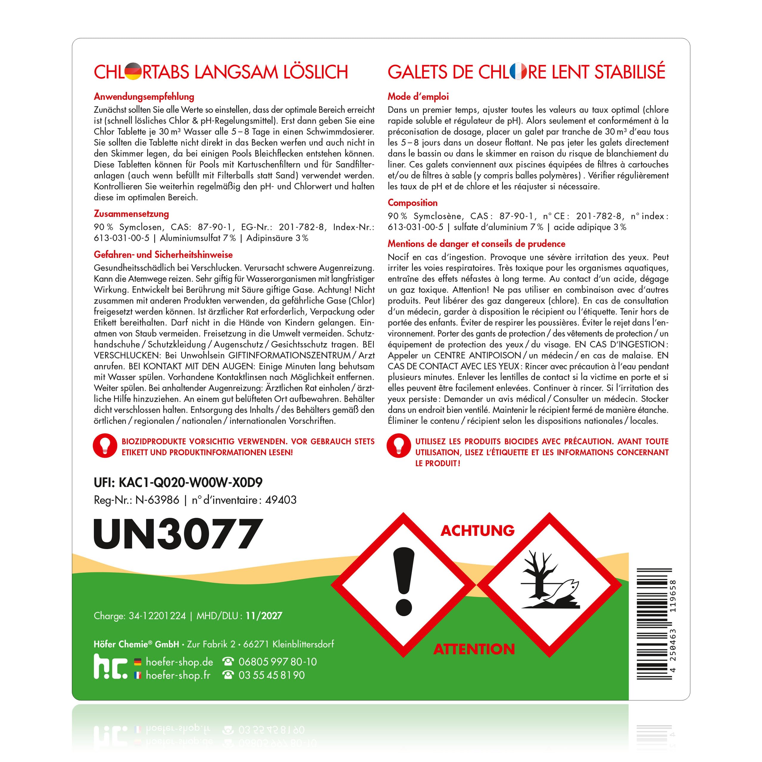 Höfer Chemie 2 x 5 kg Galets de Chlore Lent (200 g) pour Piscine - Hautement Efficace Contre Les bactéries