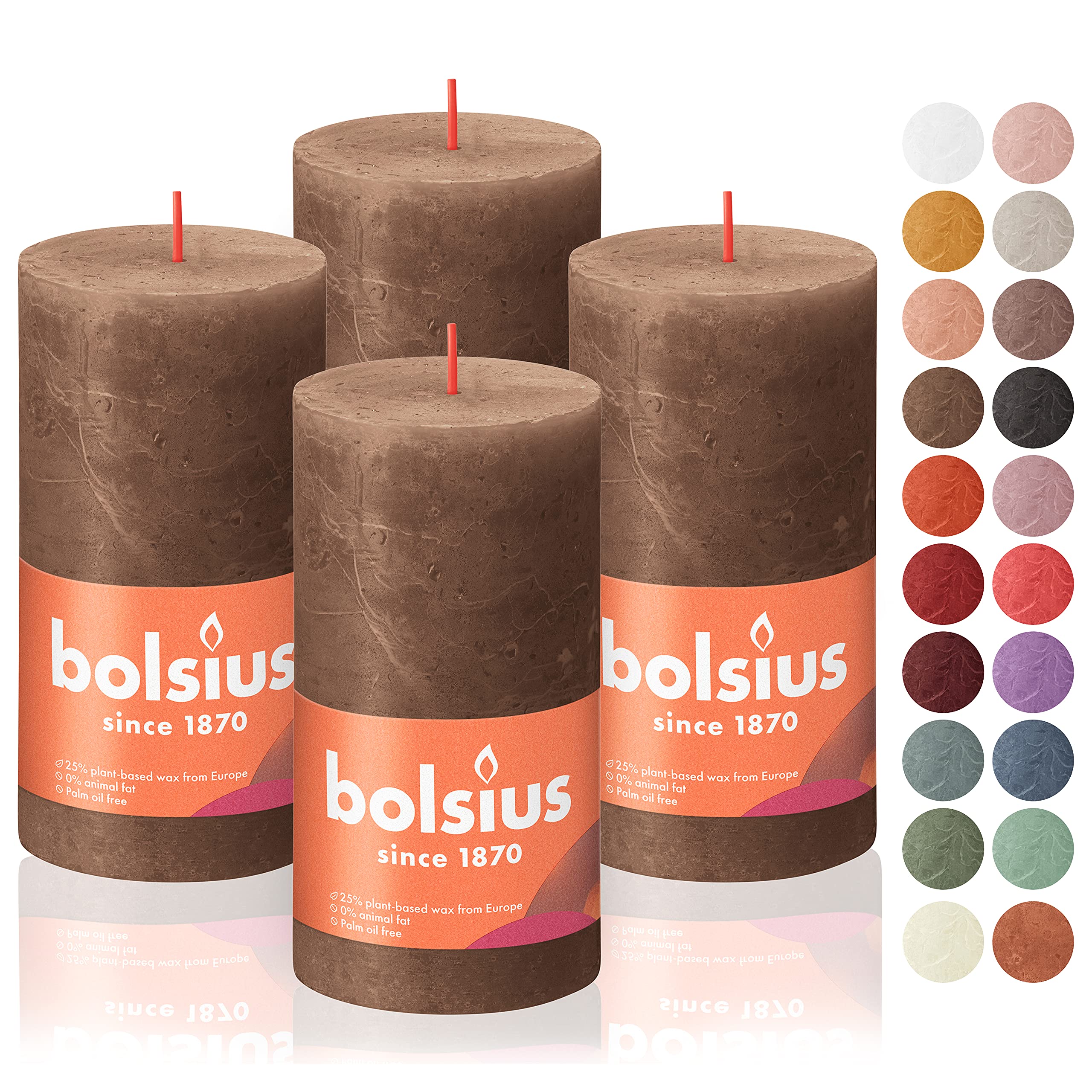 bolsius 4 pack suede brown rustic pillar candles - 2.75 x 5 inches - premium european quality - includes natural plant-based wax - unscented dripless smokeless 60 hour party and wedding candles
