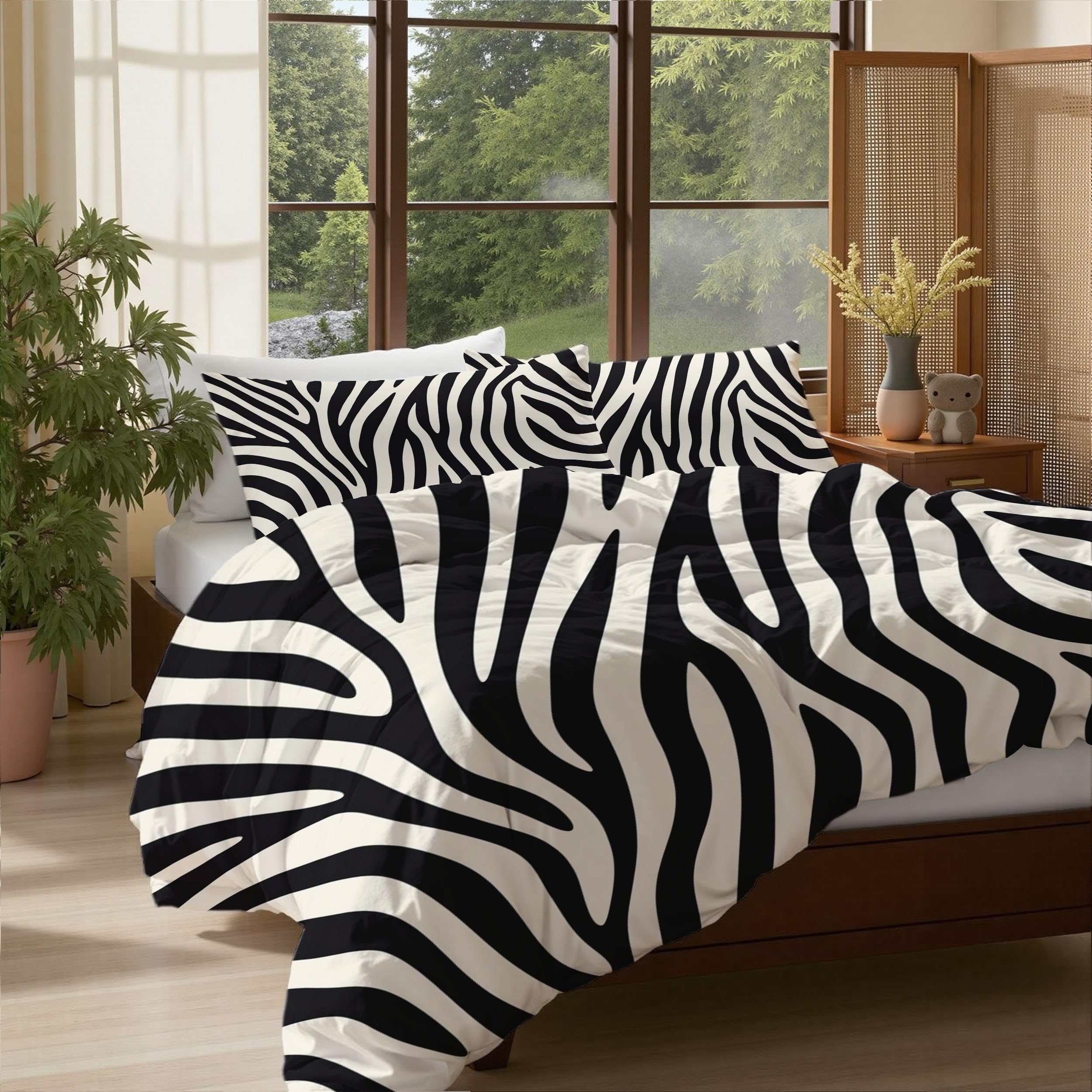 Juego de Ropa de Cama de 3 Piezas,Microfibra Rayas de Cebra y Sencillo Cebra de Animales Salvajes Juego de Fundas Edredón con 1 Funda Nórdica + 2 Funda de Almohada (Negro,Cama 135/150,220×240CM)