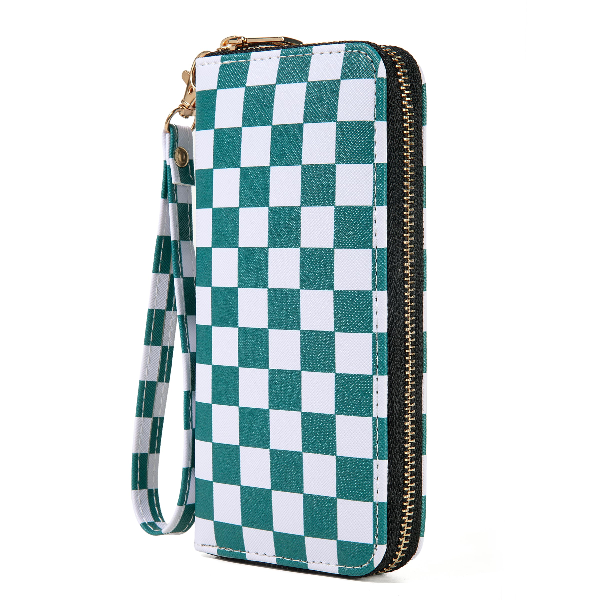 Checkered Highland Cow Print Book Wallet For Women Skull Goth Frog Butterfly Ladies Cluth Wristlet Wrist Strap Long Purse Zip Around Card Holder