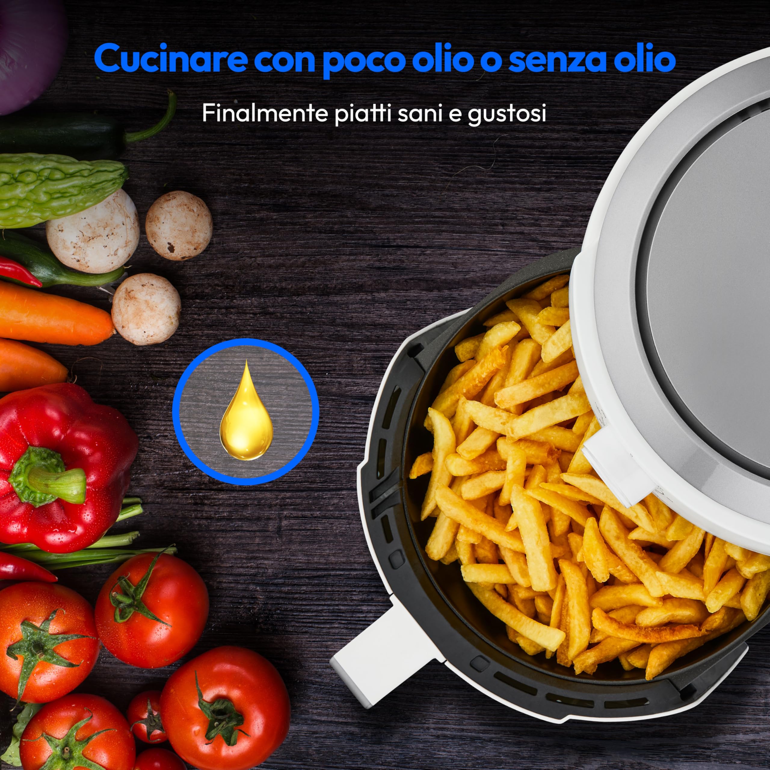 MEDION P30 L Friggitrice ad aria calda (4,7 litri, friggitrice ad aria, 1500 watt, funzionamento semplice, frittura senza olio, timer 60 minuti, fino a 200° C, rivestimento antiaderente, MD13020)
