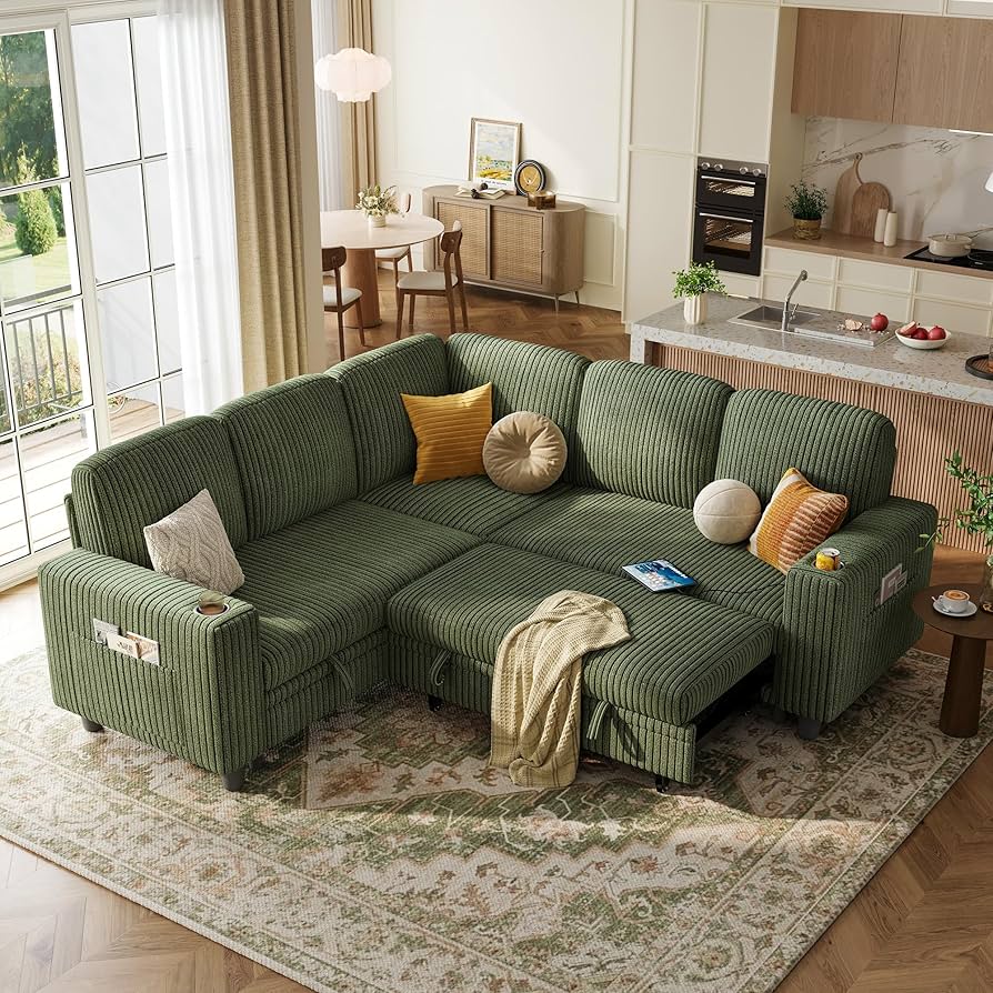Amazon.com: LINSY HOME Sectional Sleeper Sofa with Pull Out Couch Bed -  Convertible Plush Corduroy Cloud Couch with Storage Chaise & USB Charging,  Comfy L Shaped Modular Couches for Living Room Apartment,