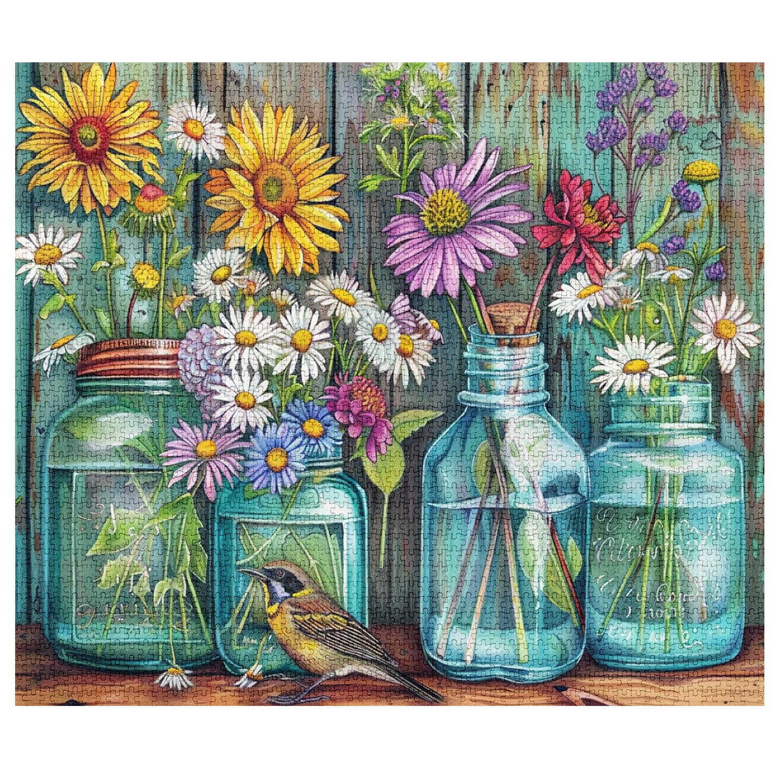 Tucocoo 1000 Piece Puzzle for Adults Wildflowers and Daisies Puzzle Bird Rustic Mason Jars 1000 Pieces Puzzles for Sophisticated Family Activity Game Flower Art Wall Decoration DIY - Image 2
