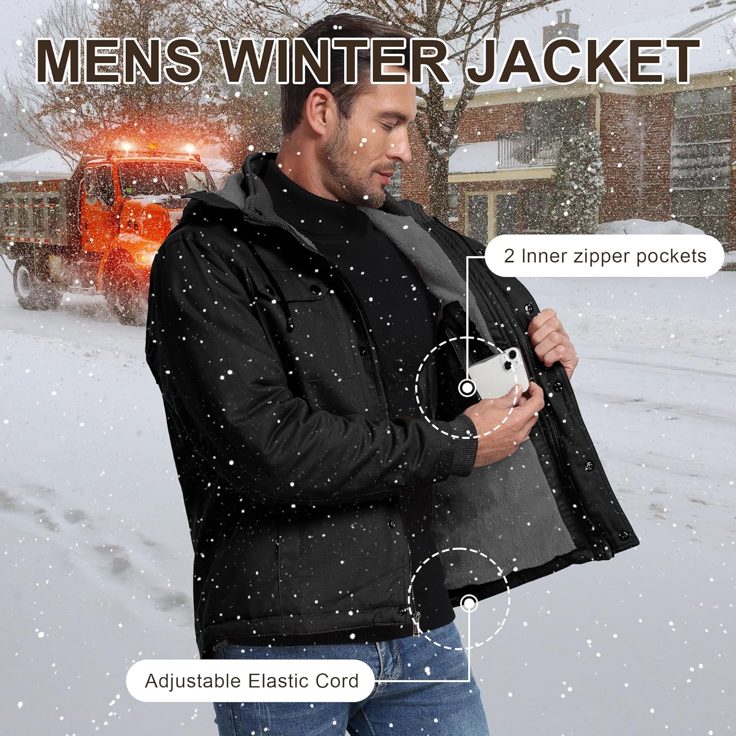 CHEXPEL Mens Fall and Winter Utility Jacket Relaxed Fit Work Coat Fleece Lined Hooded canvas Jacket - Image 6