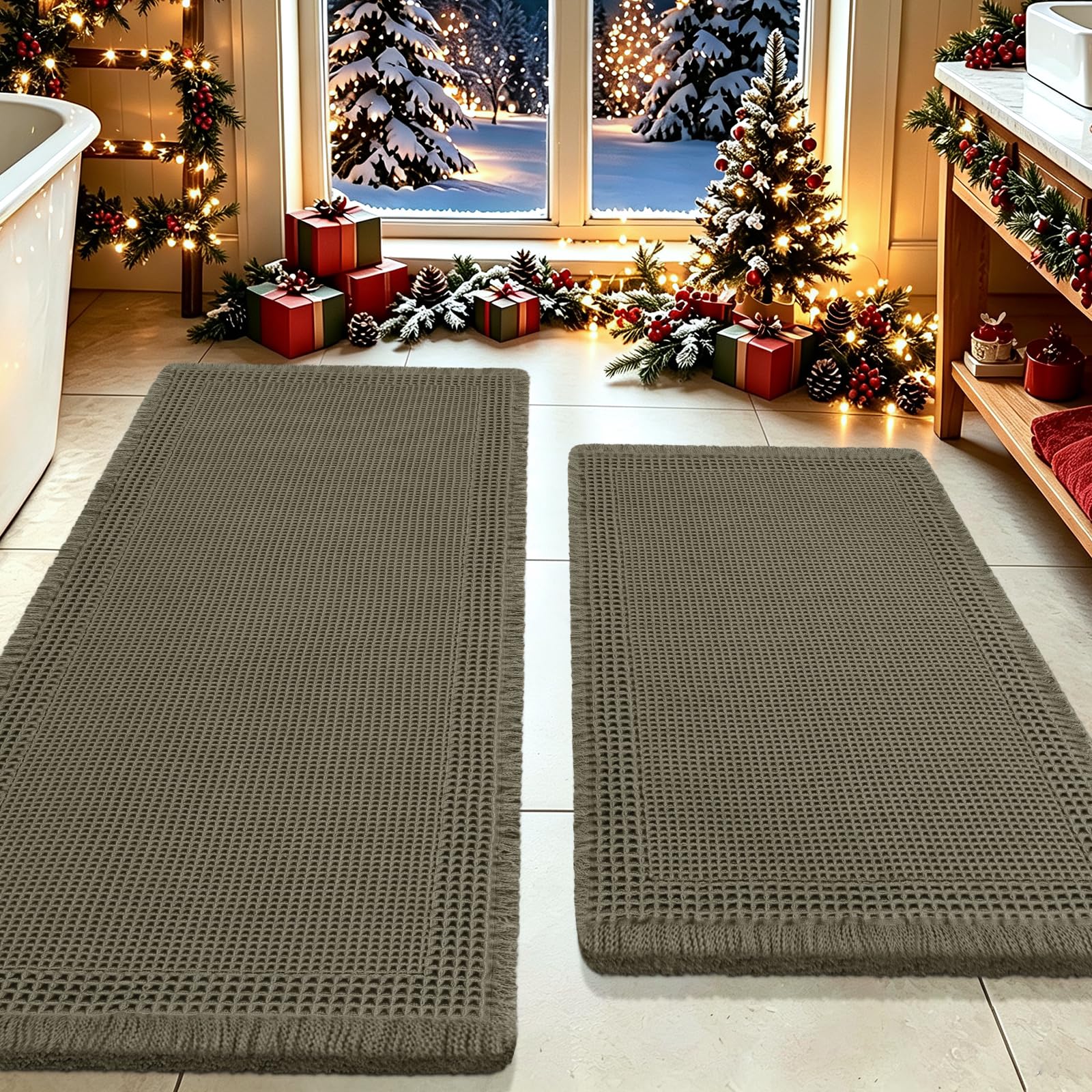 Upgrade Waffle Bath Mat Set 2 Piece, Greyish Green, Boho Bathroom Rugs Absorbent Non Slip, Ultra Soft Bathroom Mat, Machine Washable Knit Bath Rugs with Border for Bathroom, Kitchen, Shower, Tub