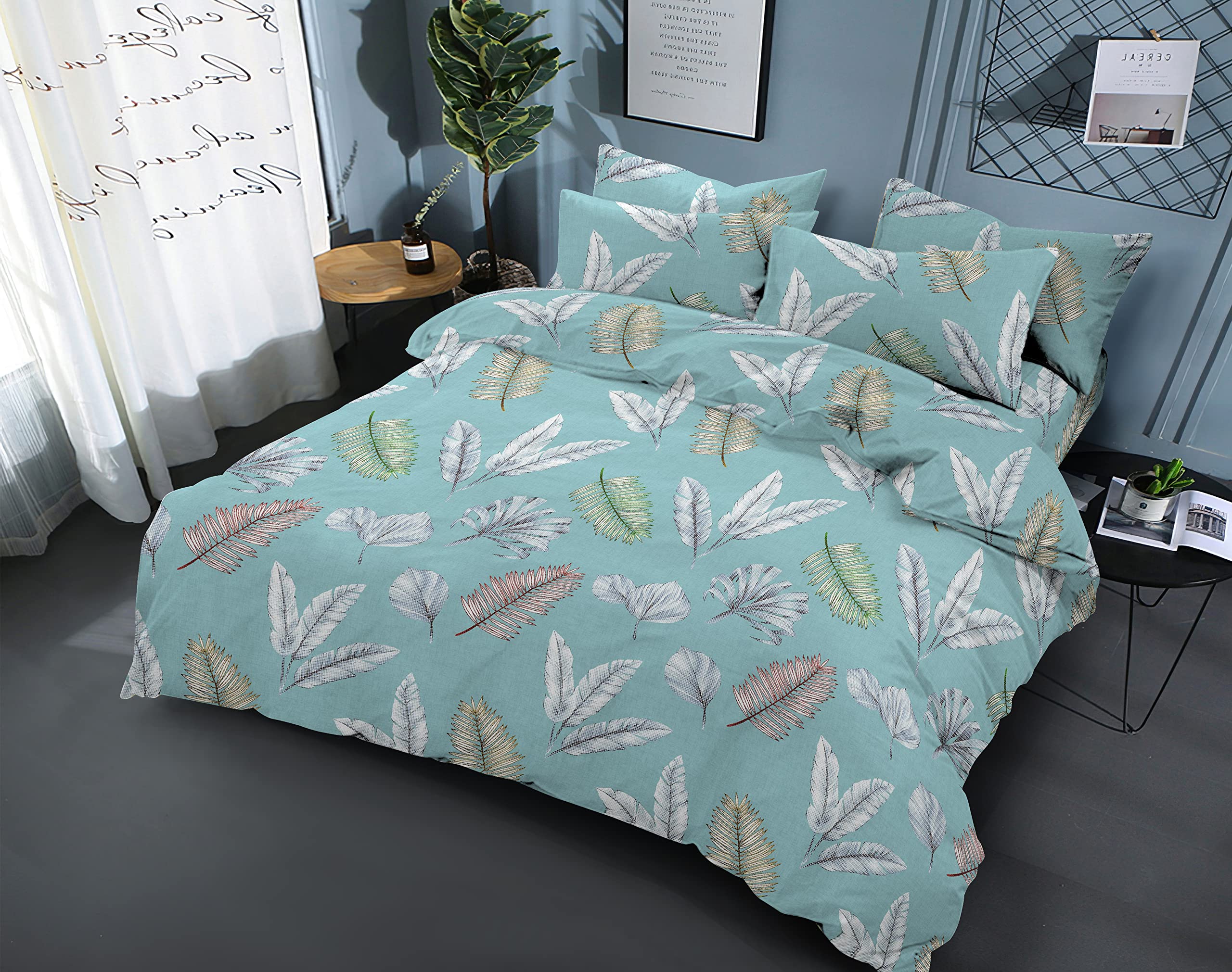 Sleep Well 90 GSM Bedsheet with Pillow Case (Light Green with Long Leaves, Super Queen)