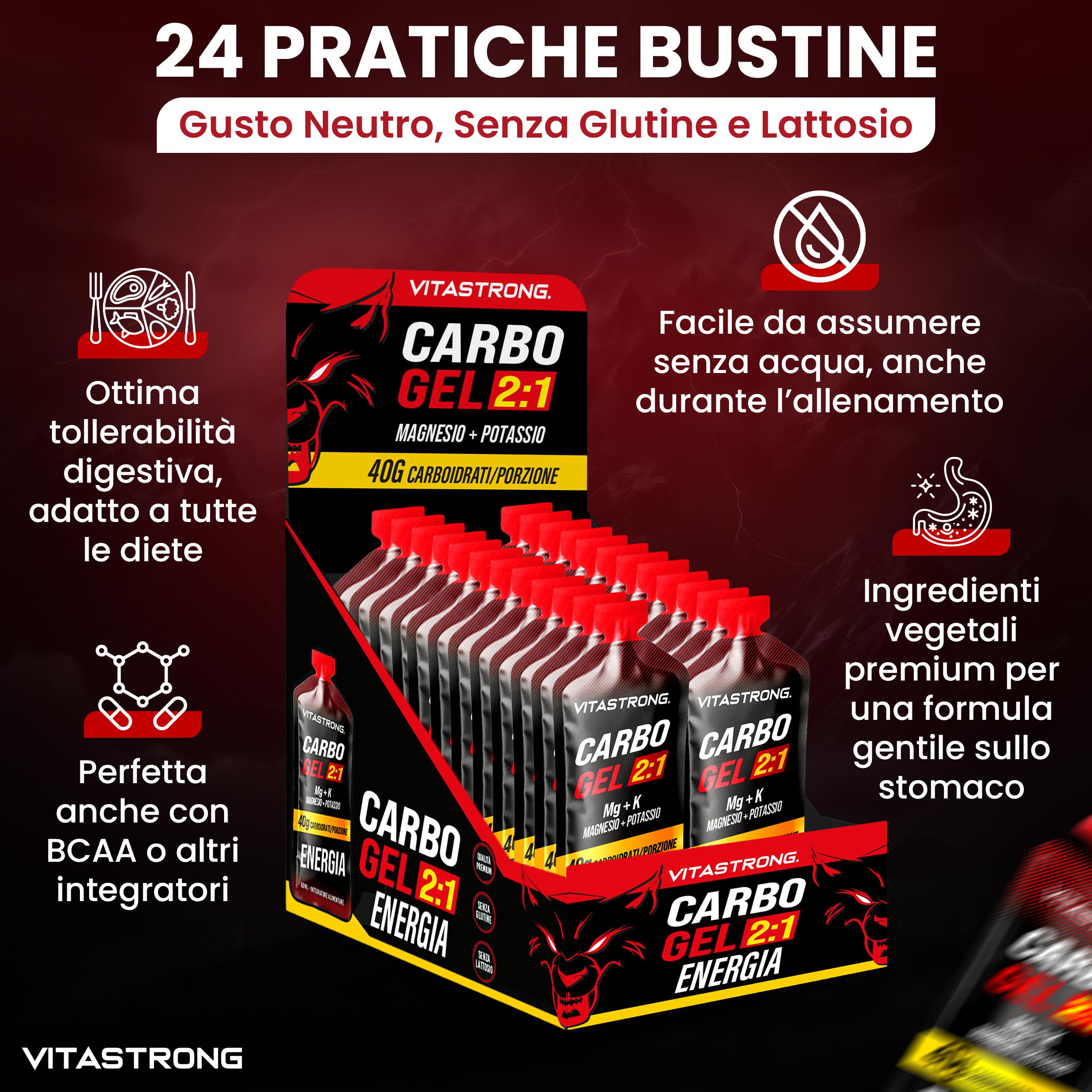 Vitastrong Carbo Gel 2:1 Energy Magnesio e Potassio Bustine con Cannuccia | 24 Carbogel da 40g Carboidrati, 56mg Magnesio e Potassio 300mg per Dose, Maltodestrine, Ciclismo Pre Workout e Intra Workout