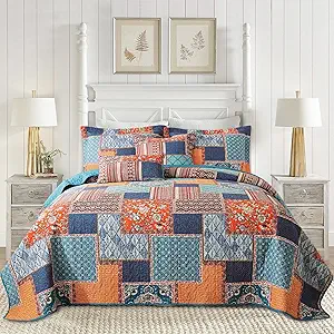 BEDIFANY 3 Pieces Cotton King Size Quilt Sets, Lightweight Bedspread King Size Soft Farmhouse King Quilt Bedding Sets for Bed Decorations for All Seasons,Orange
