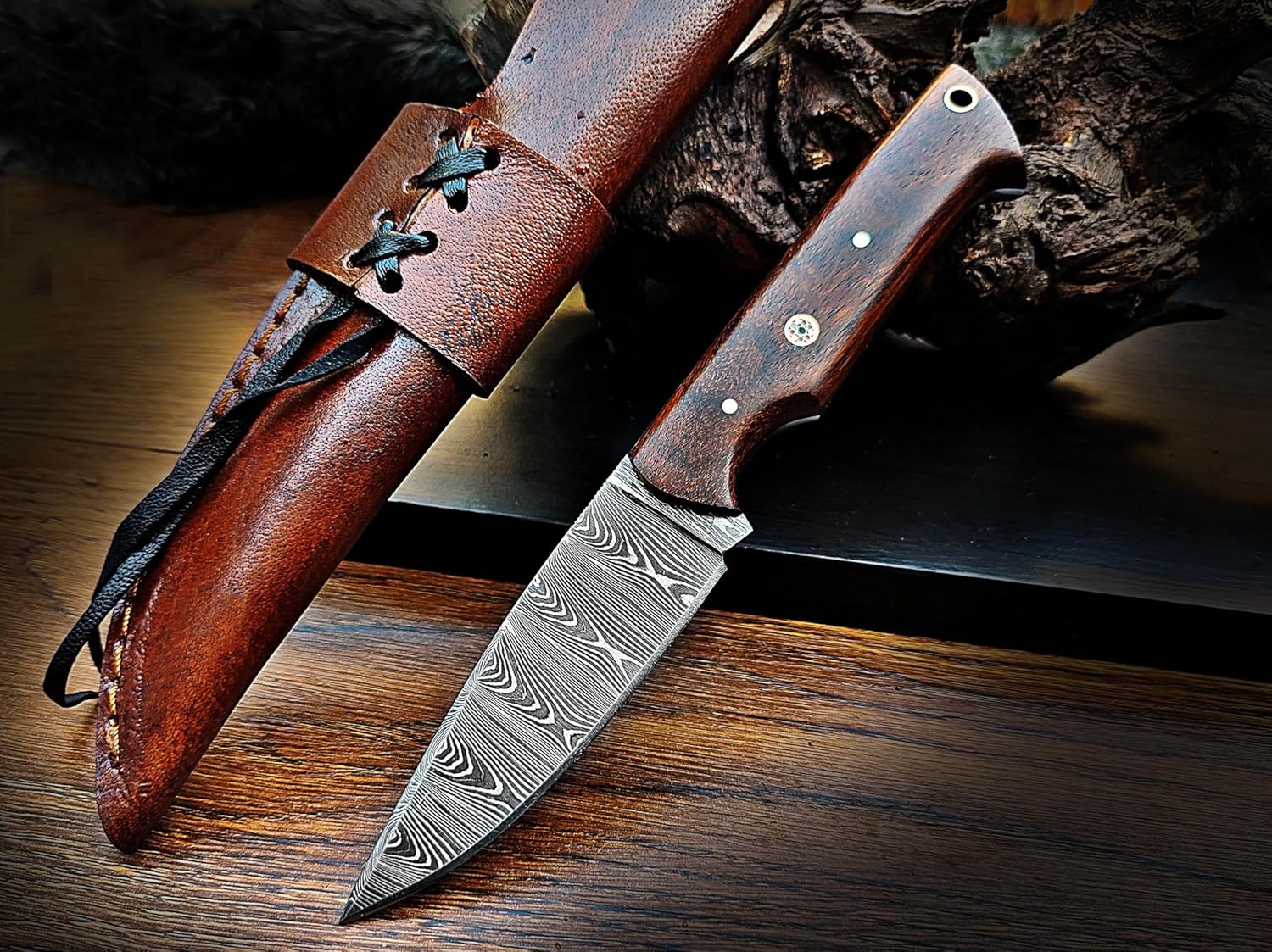 Handmade Damascus Hunting Knife with Leather Sheath – EDC Fixed Blade Bushcraft Tool with Wood Handle – 8” Skinning Blade for Hunting, Skinning, Camping, and Outdoor Use