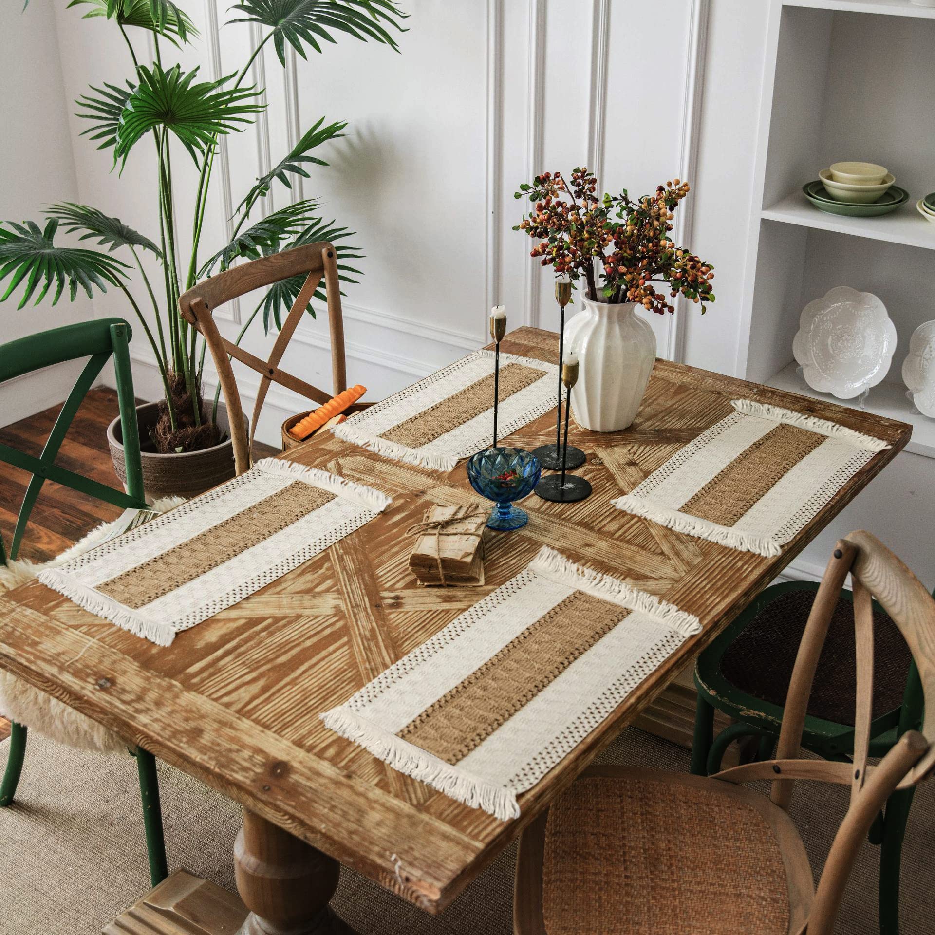 Lot De 2 Sets De Table Ronds - Style Bohème - En Jute Tissée Avec