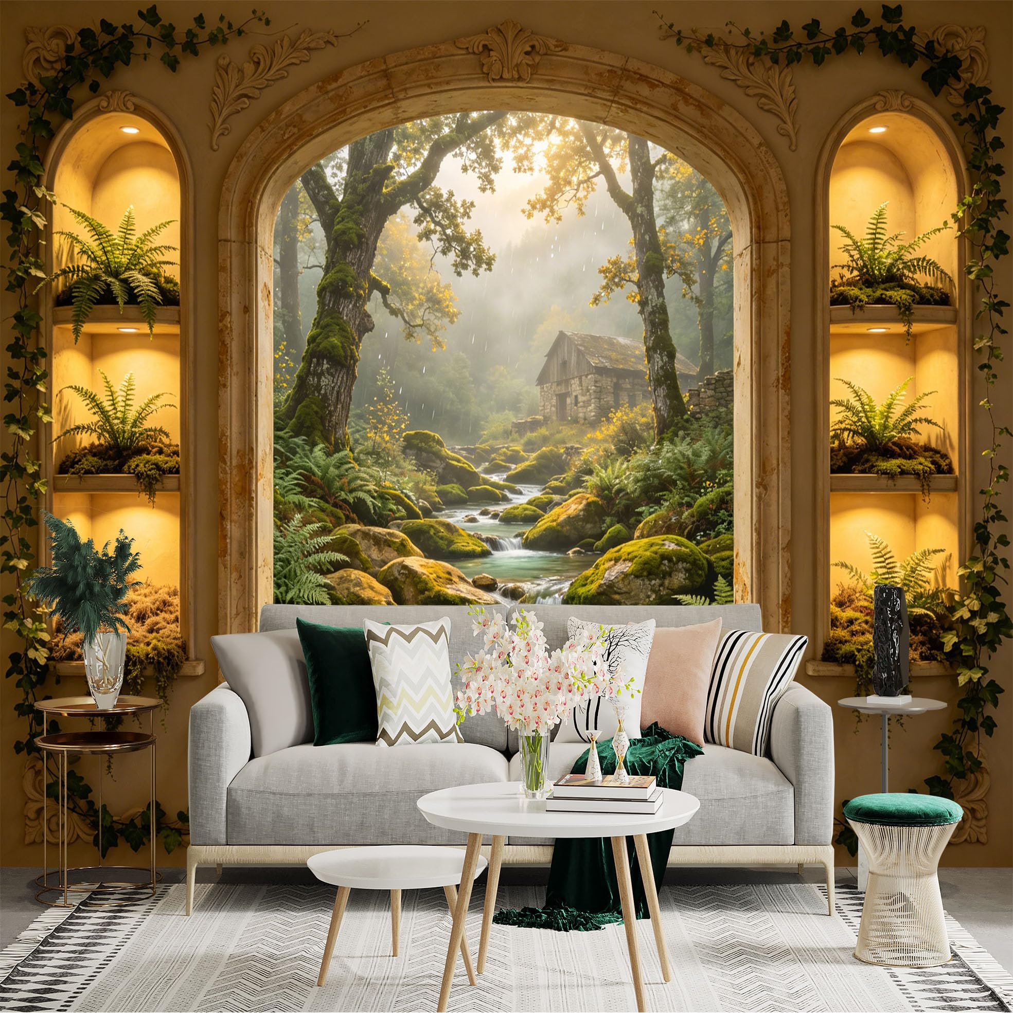 Custom Size Wall Sticker Mural， Rustic Cottage by Forest Stream with Mossy Rocks and Sunlight， for wall Decoration， peelandstick wall Decals.