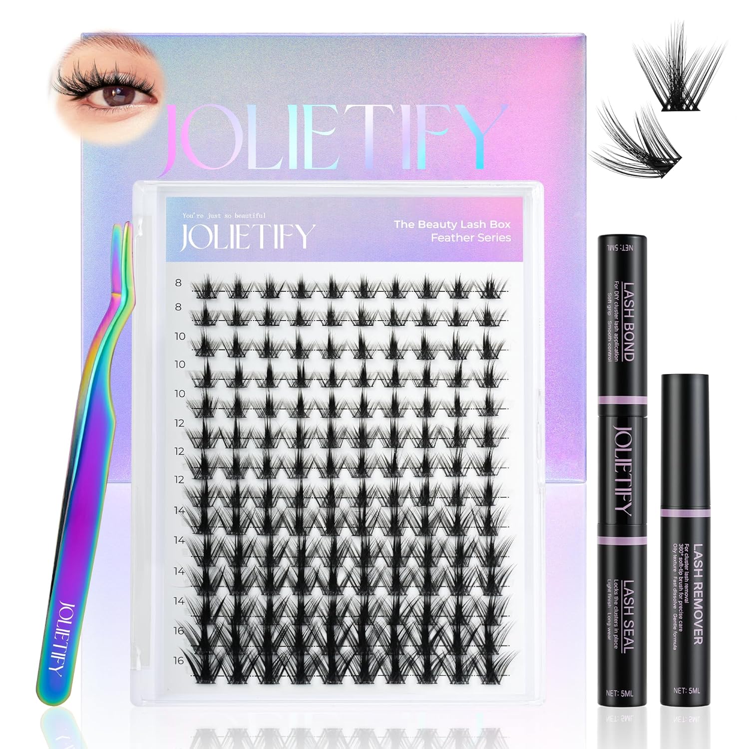 Lash Extension Kit, Manga Style, Holo Luxe Edition, Faux Mink 8–16mm Cluster Lashes, Lightweight Spiky Look, Individual Lashes with Waterproof Bond & Seal, Tweezers & Remover, Easy DIY