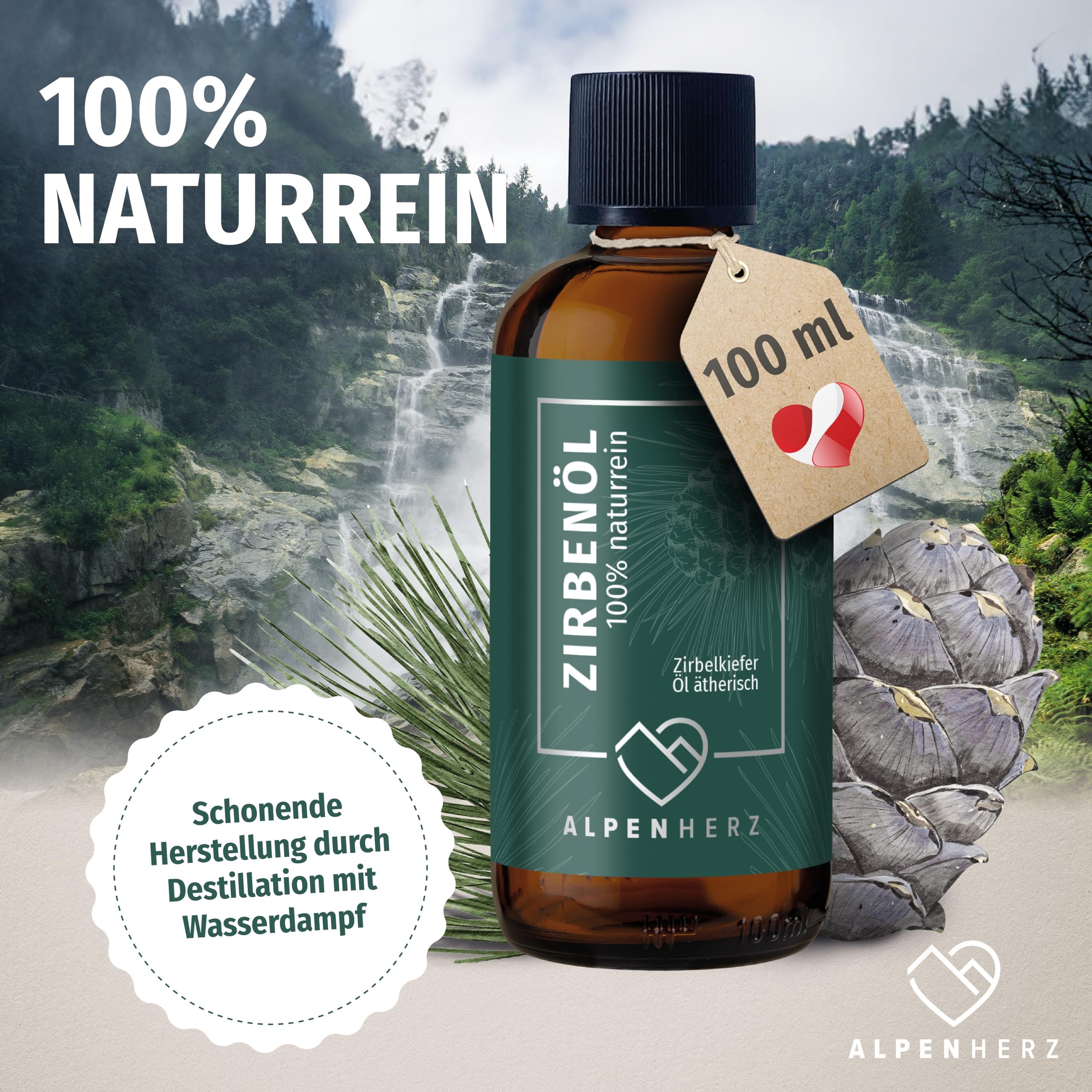 Alpenherz Zirbenöl 100 ml mit Duftstein aus Zirbenholz - 100% naturrein ätherisches Zirbelkieferöl aus Österreich Duftöl Raumduft Duftlampe Zirbenwürfel Diffuser Zirbe Zirbelkiefer Öl