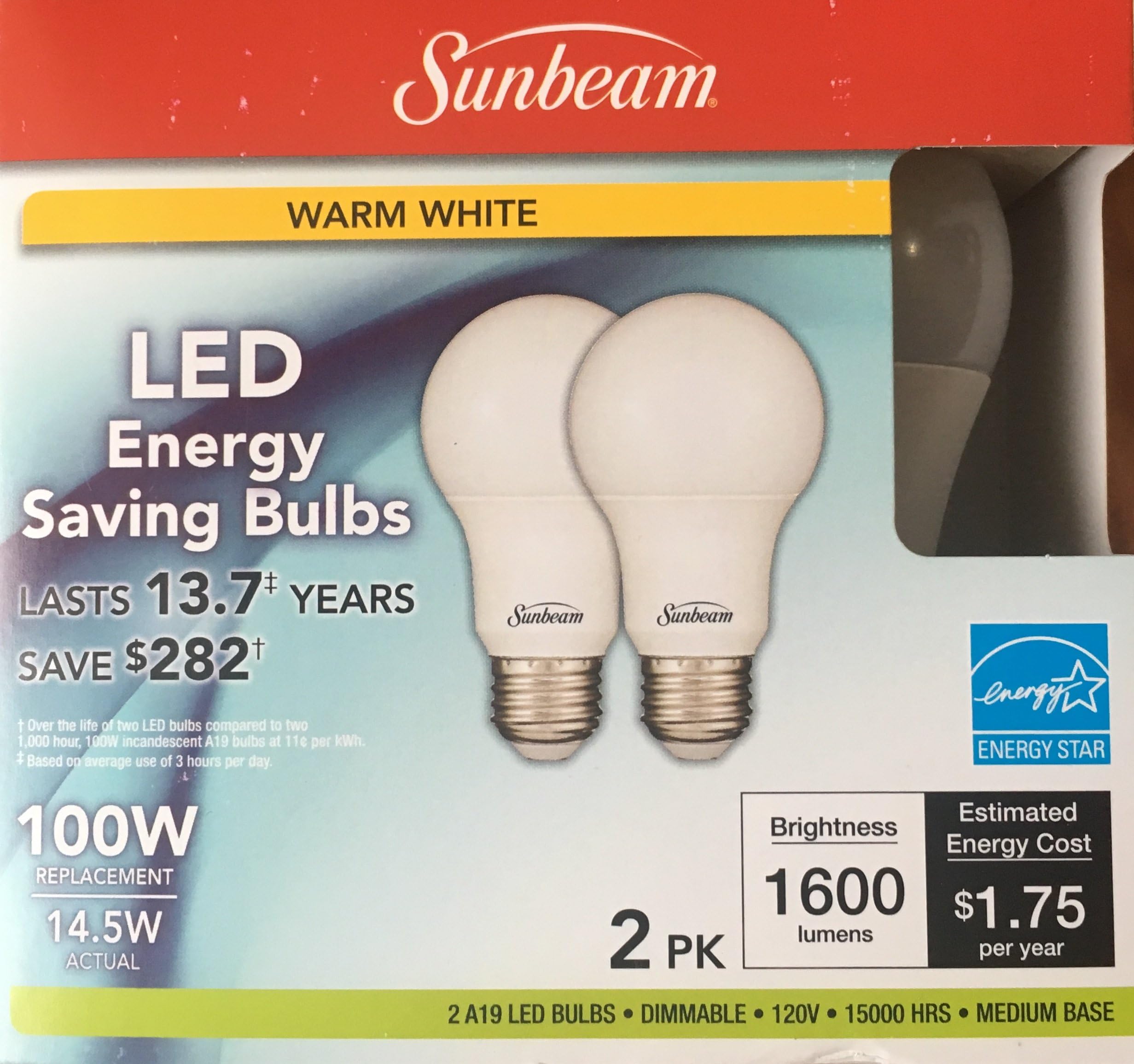 Sunbeam 100W LED DIMMABLE A19 / A21 Light 2 PACK, ENERGY STAR, 1600 ...