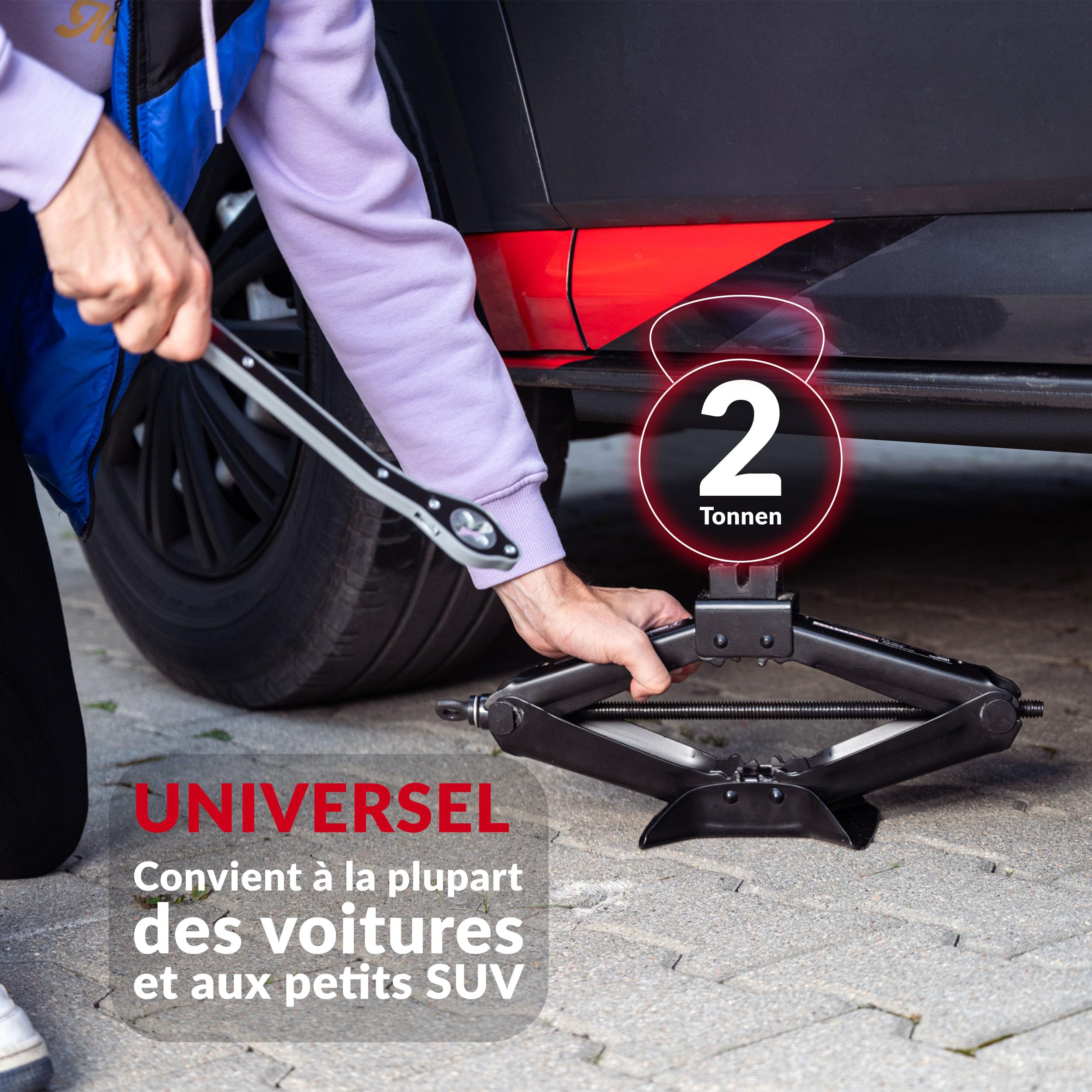 Lehmann Cric Voiture 2T - Cric Ciseaux Portable avec Clé à Cliquet - Hauteur Réglable 120-420mm - Support en Caoutchouc intégré - Idéal pour Entretien, Réparation, Changement de Pneus