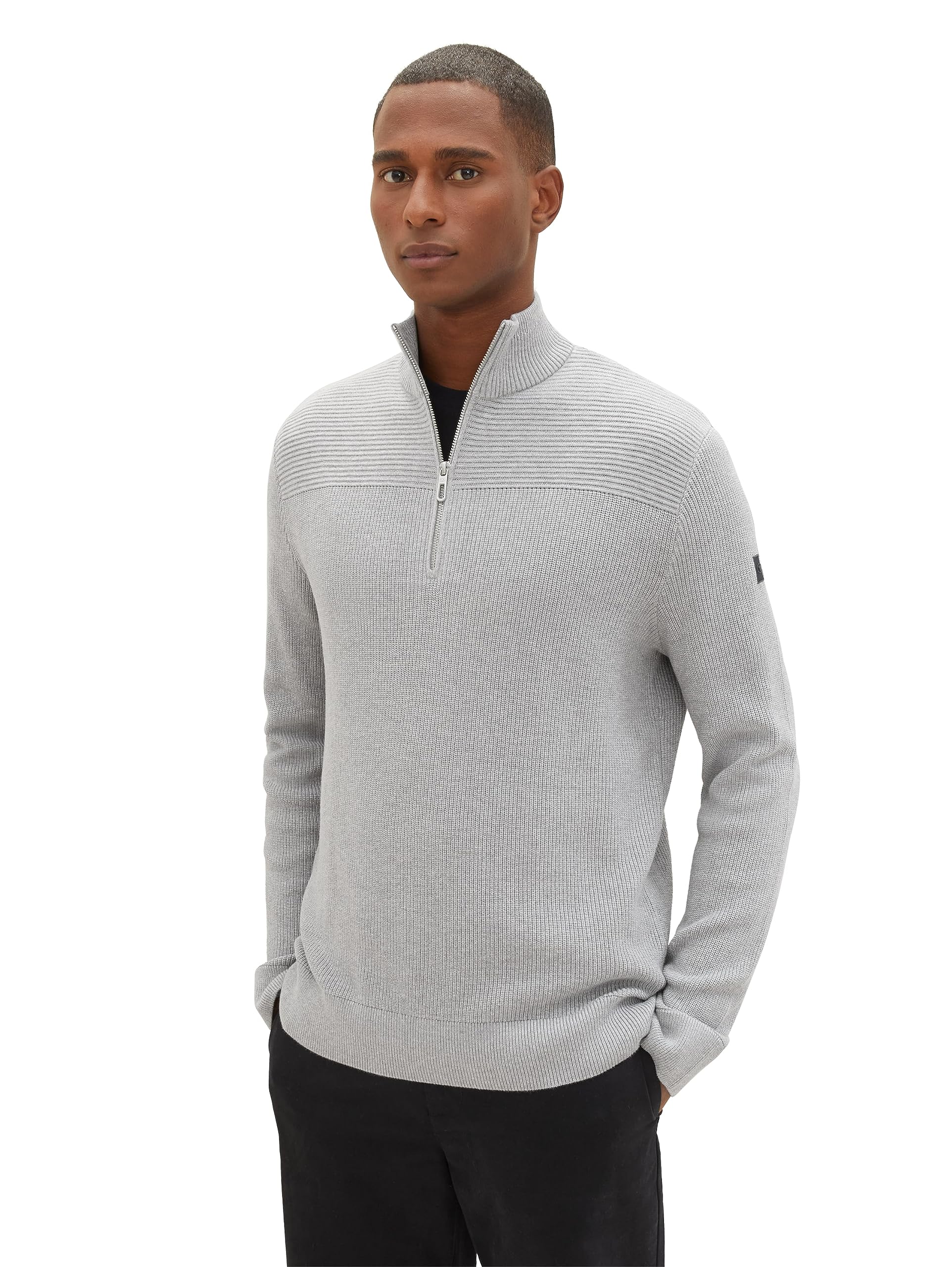 TOM TAILOR Mens Textured Knit Sweater with Troyer Collar