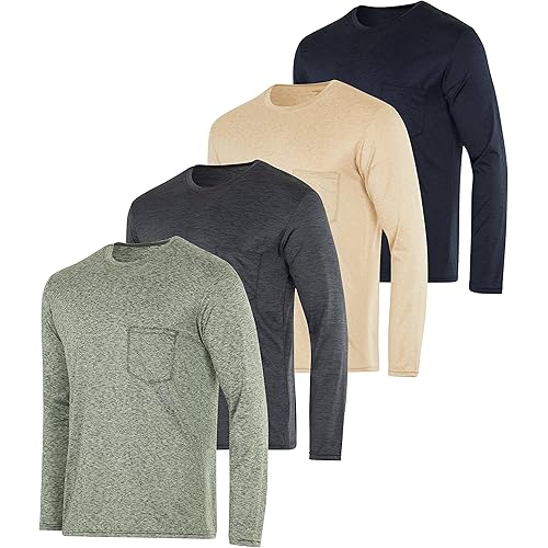 Real Essentials 4 Pack: Men's Dry-Fit Active Athletic Long Sleeve Pocket Crew T-Shirt Outdoors UPF 50 S-5XLT