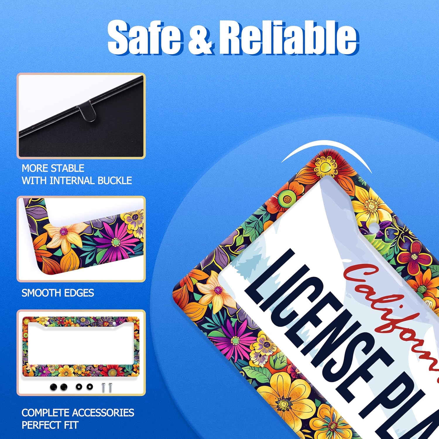 2pcs Bright Flowers Colorful Floral License Plate Frame Flower License Plate Frames Funny Auto Accessory Bracket Stainless Steel License Plate for Women Men 6 x12 Inch