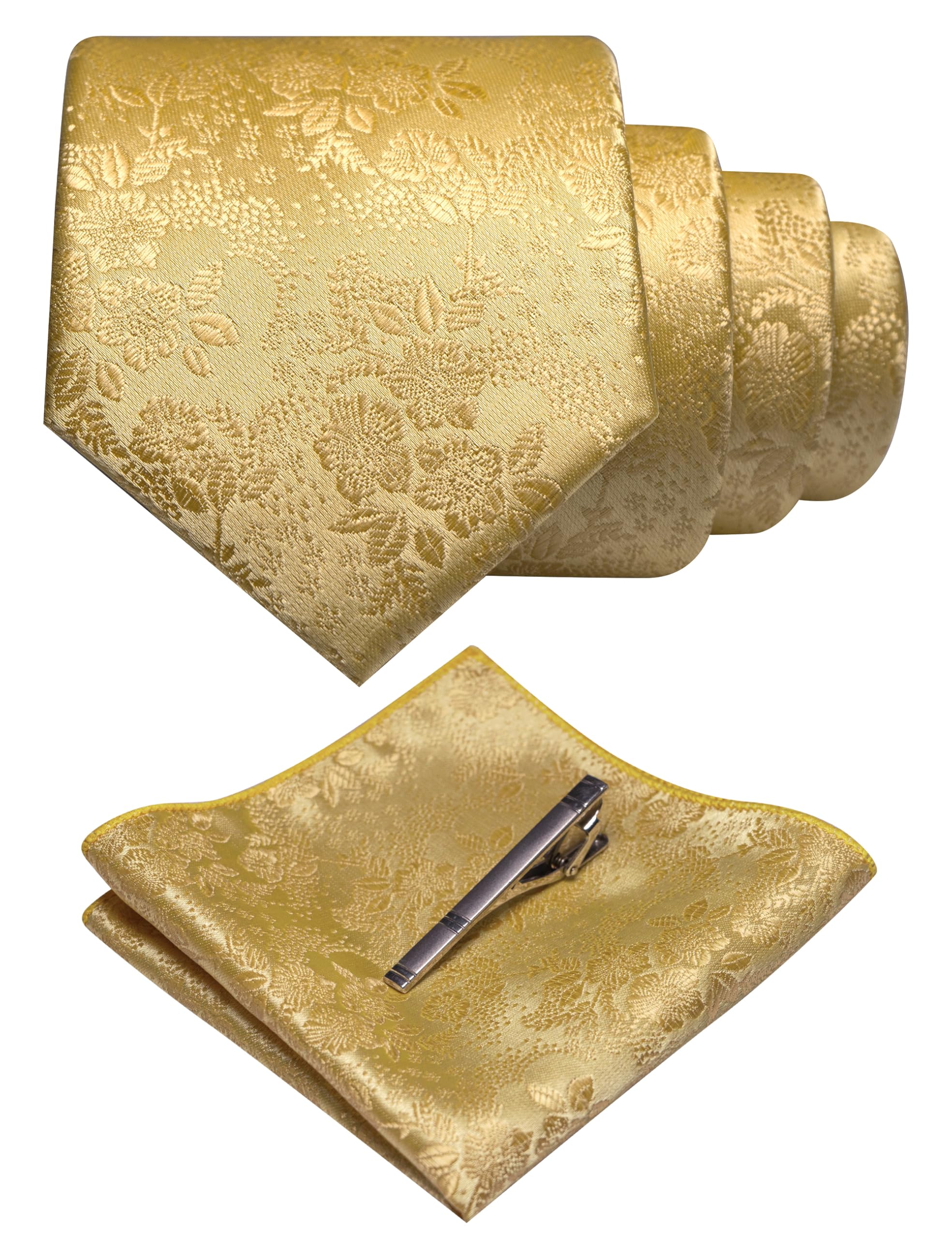 Photo 1 of JEMYGINS Silk Gold Floral Tie Necktie and Pocket Square, Hankerchief and Tie Bar Clip Sets for Men(57)