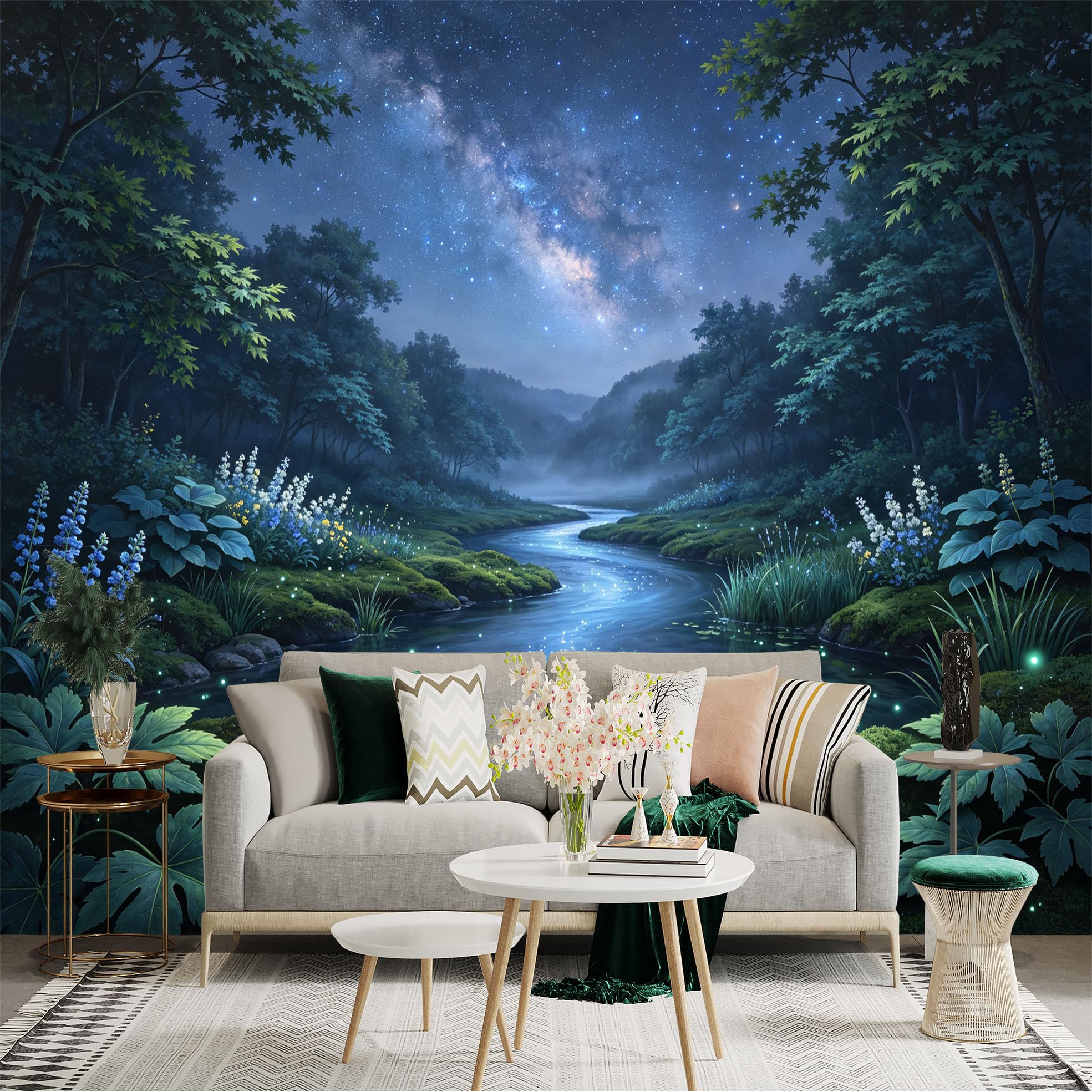 Lnzczhyre Bh260719795 Custom Size Wall Sticker Mural， Enchanted Forest Stream With Glowing Fireflies， Milky Way Night Sky， Tranquil Nature Landscape， For Wall Decoration， Peelandstick Wall Decals.