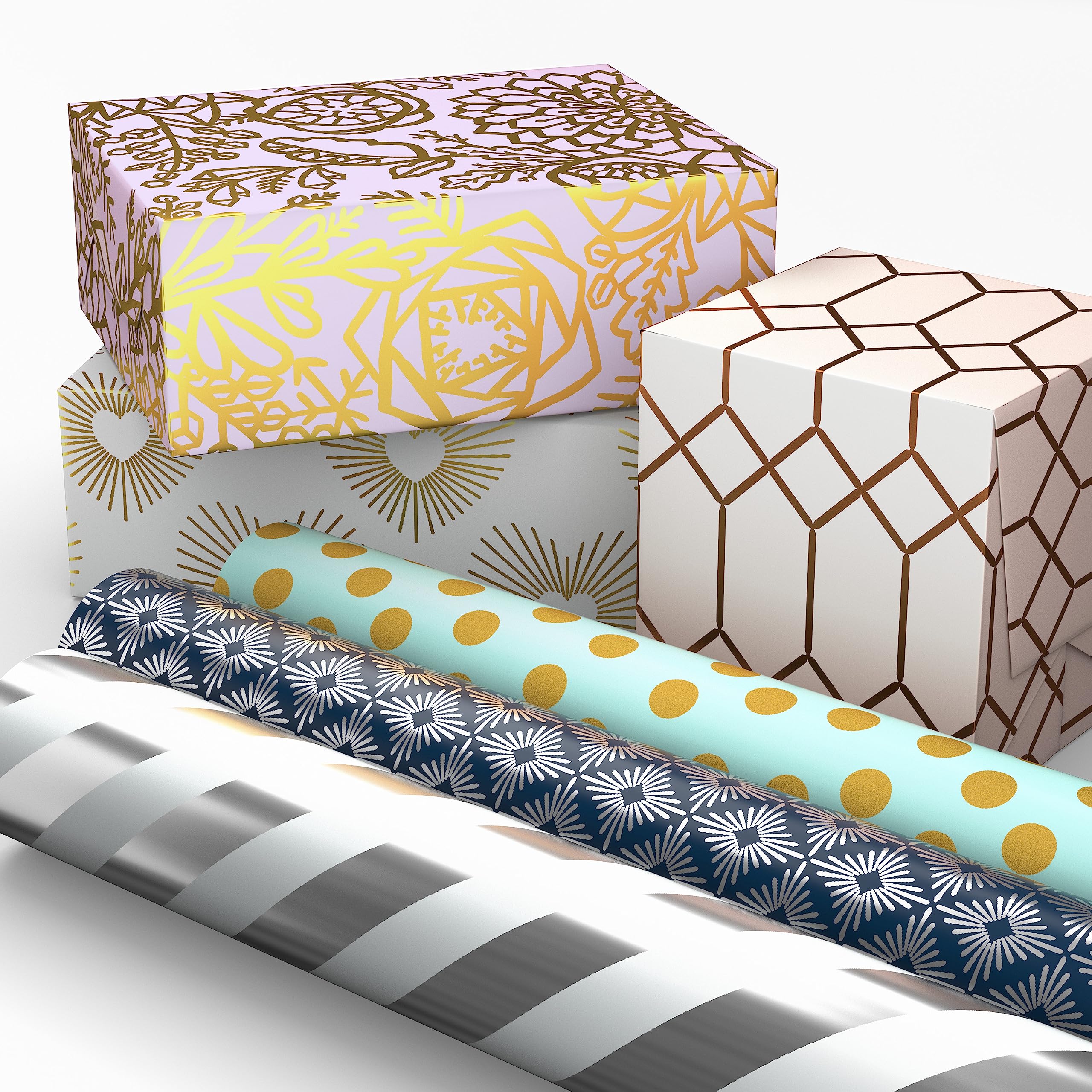 Hallmark Geschenkpapier mit Schnittlinien auf der Rückseite, 6 Rollen, 180 m² insgesamt, weiß und silberfarben, Mintgrün, goldfarbene Herzen und Blumen, für Hochzeiten, Brautpartys, Geburtstage
