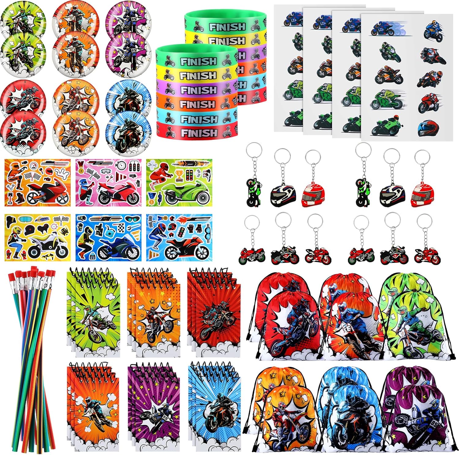 102 Pcs Dirt Bike Party Favors Motorcycle Party Decorations Includes Drawstring Backpacks, Silicone Bracelets, Spiral Notepads, Badges, Keychains, Bendable Pencils, Puzzle Stickers