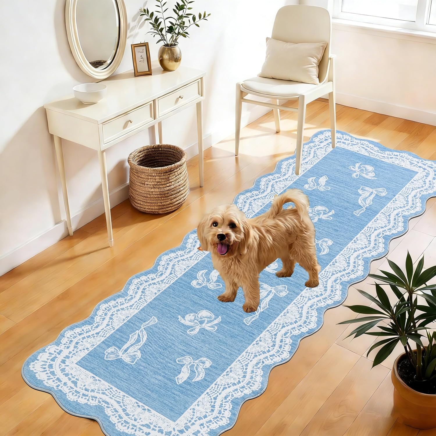 ORTIGIA Blue Scalloped Runner Rug 2x6, Washable Low Pile Non Slip Bathroom Rug with Bow for Hallway Bath Kitchen Bedroom Dorm Living Room Home Indoor Decor