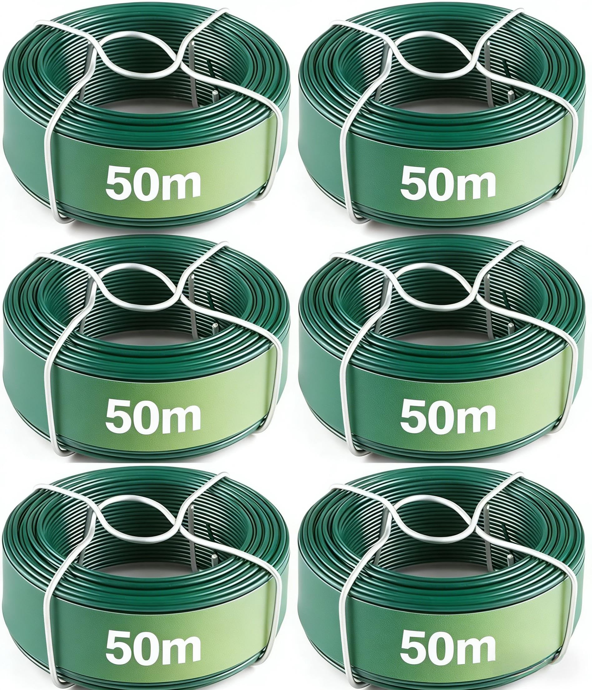 Amagabeli Alambre de Hierro Plastificado Ø0.95mm x 50m, 6 Rollos de Cable Revestido para Jardín y Cercados, Inoxidable de PVC Verde