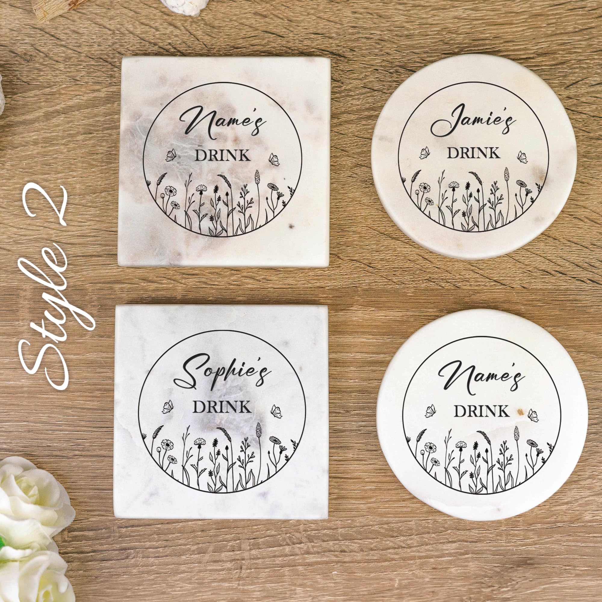 So Bespoke White Personalised Coaster Customised Marble Stone Coaster Set Any Text (Circle, Style 2)