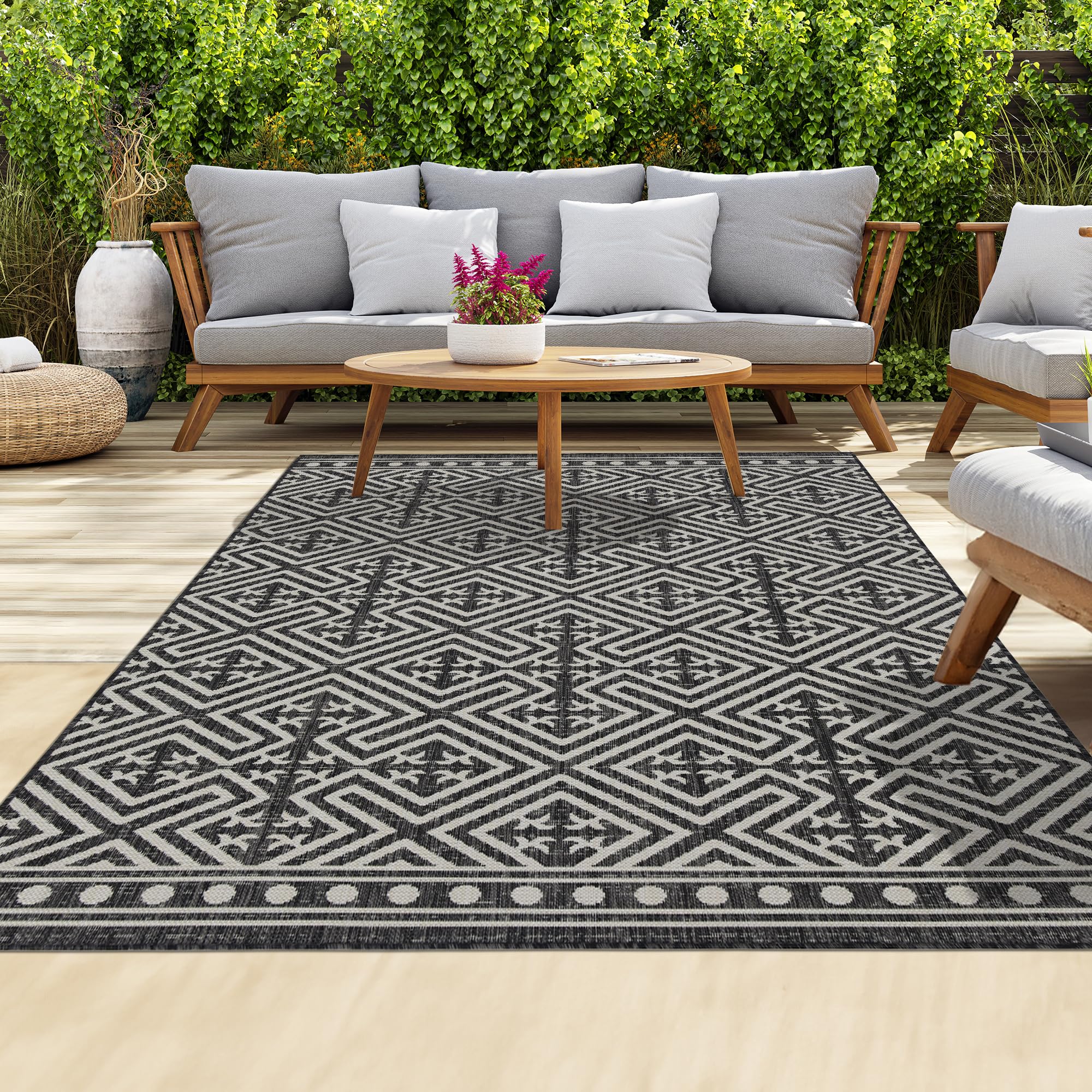 homeart Outdoor Rugs | Easy-Cleaning Indoor & Outdoor Area Rugs for Porch, Deck, Balcony, Garden, Picnic, Kitchen | UV & Weather-Resistant Large Patio Rug Mats D.Anthracite Cream, 140 x 200 cm — image 1