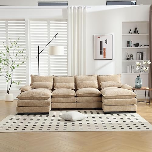U-Shaped Symmetrical Sectional Sofa Cloud Cushion Corner Sofa Couch W/Pillow-top Armrests, Breathable Chenille Upholstered Deep Seat Sofa&Couch Double Chaises and 4 Pillows for Home Office Apartment