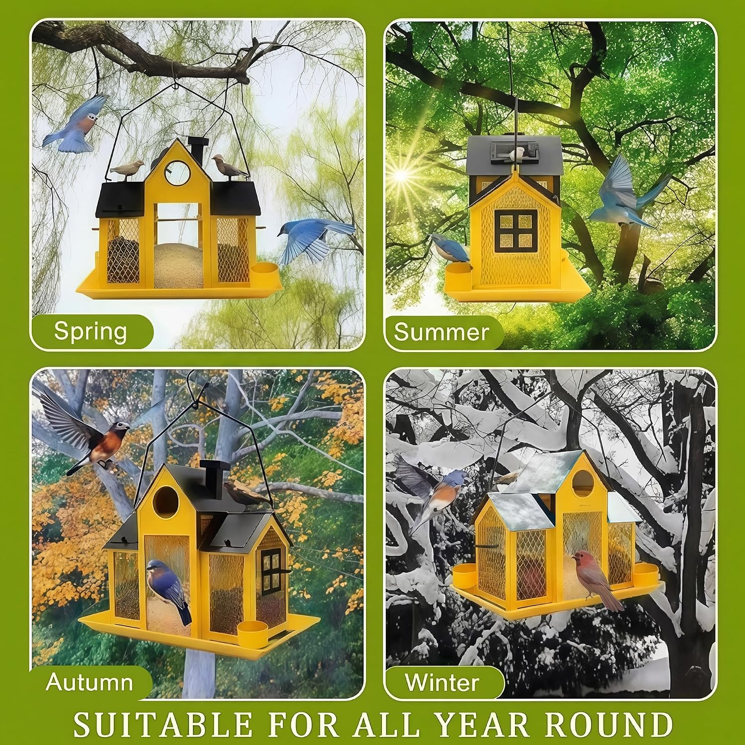 Solar Bird Feeders House for Outside Hanging, Metal Wild Bird Feeder for Outdoors Large Capacity Cardinal Birdfeeder Birdhouses Metal Bird Feeding Station Yellow