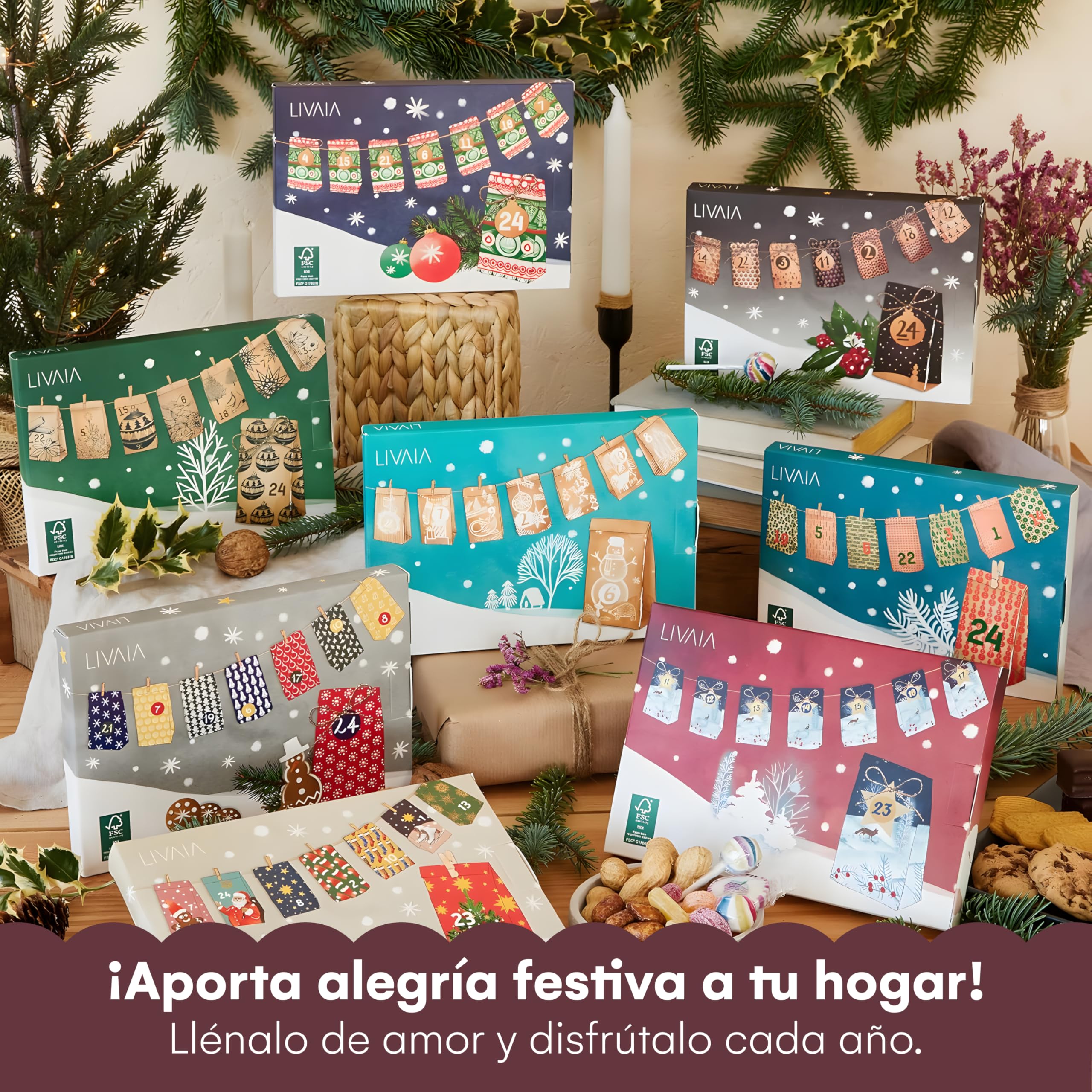 Calendario de Adviento para Rellenar DIY 2025 - Incluye 24 Bolsas Reutilizables, Pegatinas Numeradas y Pinzas de Madera - Calendario de Adviento Artesanal LIVAIA para Decoración Navideña