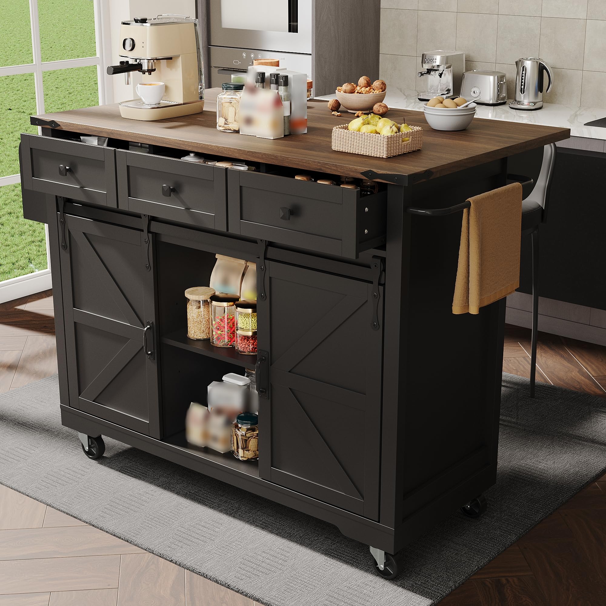 Wyspa kuchenna, 140x45x94cm, wózek do serwowania z wysuwaną deskami roboczą, mobilny wózek kuchenny na kółkach, szafka kuchenna z 2 drzwiczkami przesuwnymi i 3 szufladami (czarny, 140x45x94cm)