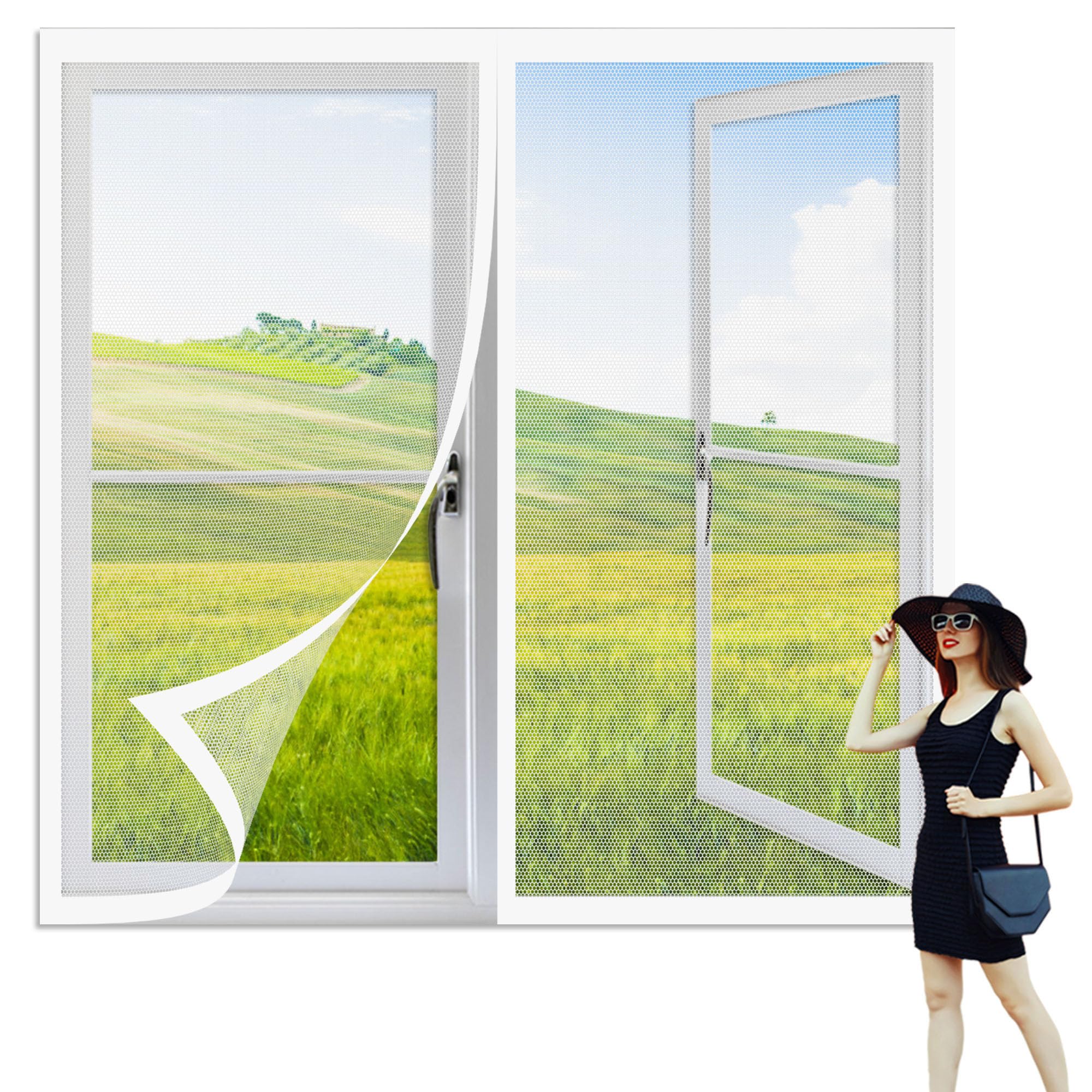 Magnetic Fly Screen Window 165 x 110 cm Selfadhesive Tape Window Netting for Insects Easy Installation for Living Room Bedroom Offfice, White