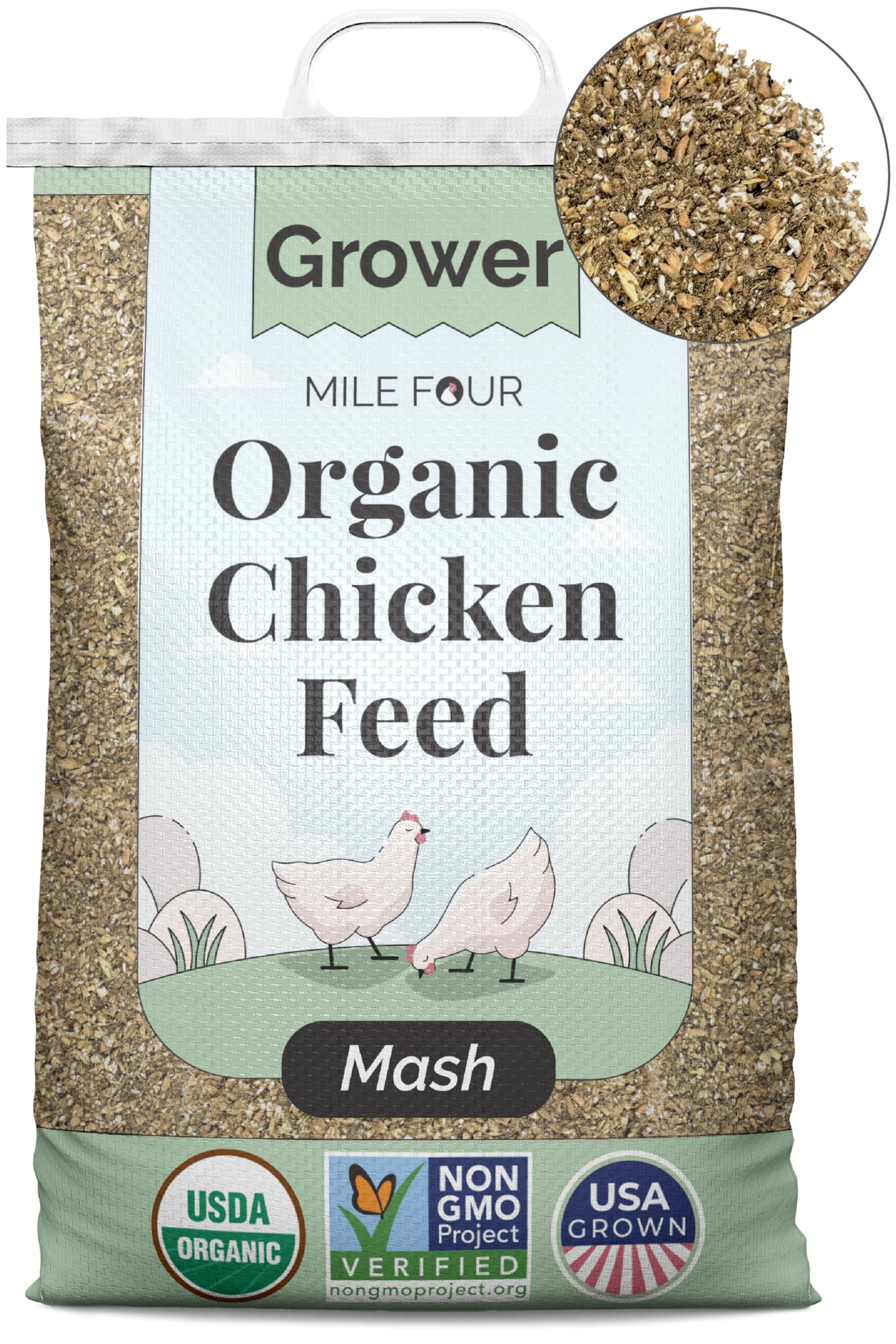 Mile Four Organic Chicken Feed (46 lbs) Grower Mash, Non-GMO, USA Grown, 18% Protein, Corn-Free, Soy-Free, Non-Medicated Feed for Chickens