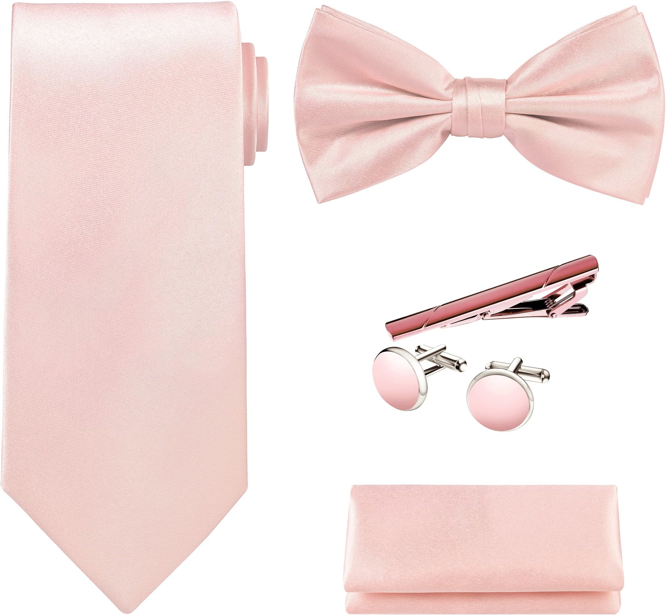 TIE G 5pcs Tie Set in WHITE OR BLACK GIFT BOX: Solid Color Necktie, Satin Bow Tie, Pocket Square, Lapel, Cuff Links