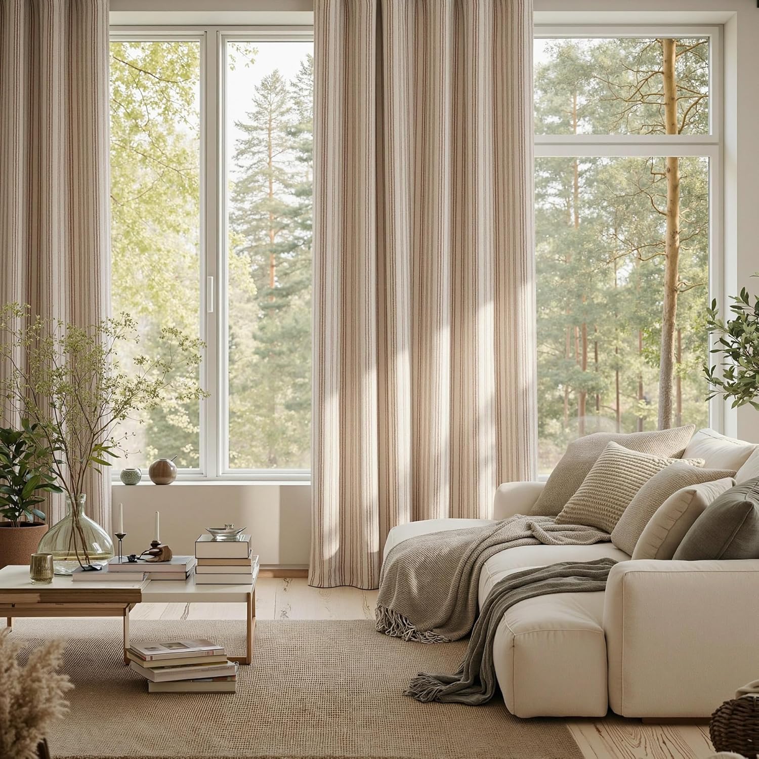 MYSKY HOME Taupe Striped Curtains 100% Blackout 84 Inches Long Farmhouse Rustic Curtains for Bedroom Living Room Tan Stripe Patterned Linen Blend Double Layer Drapes, Grommet, 2 Panels, 52" Wide